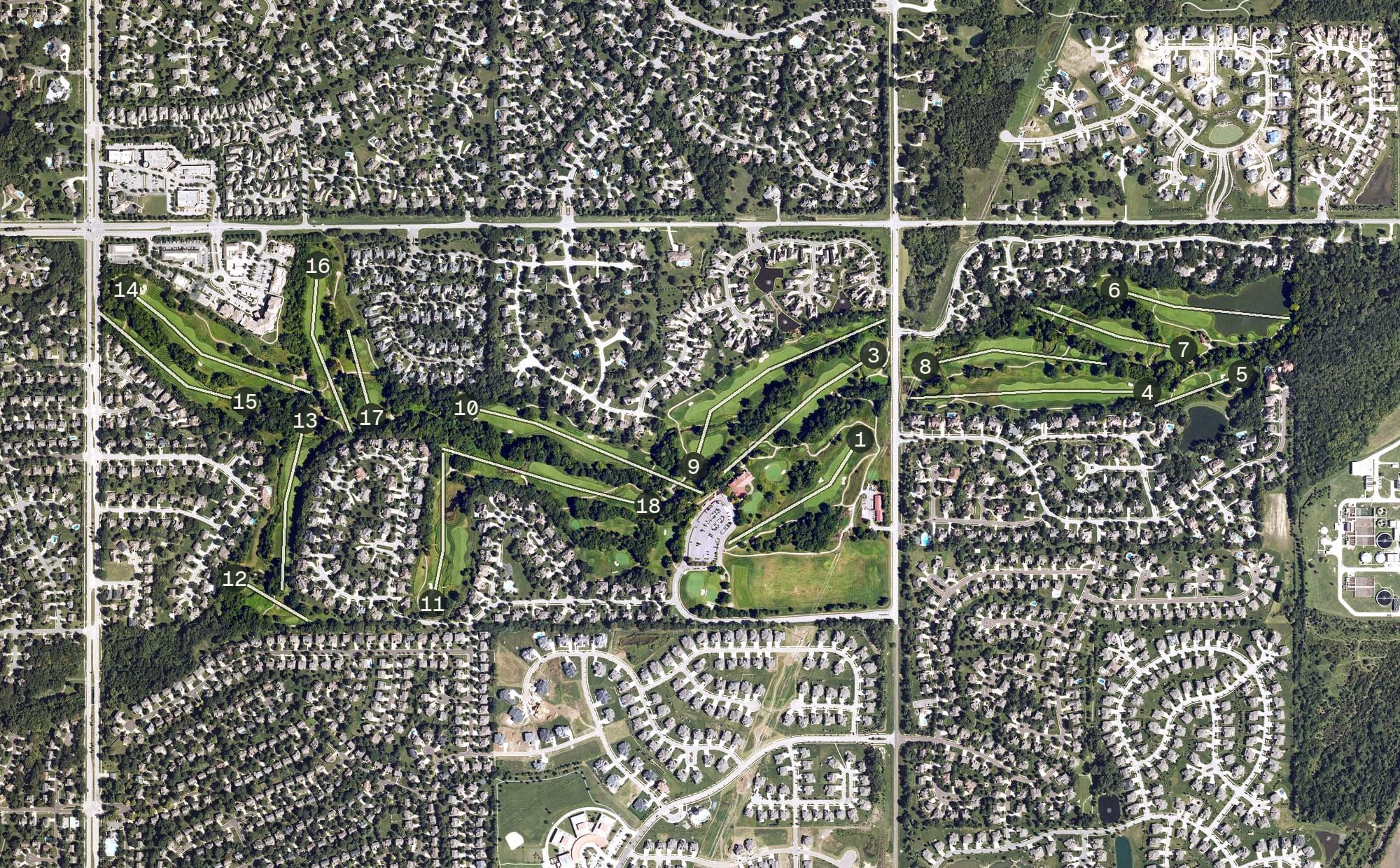 Aerial view of Ironhorse Golf Club, KS, with its hole routing marked
