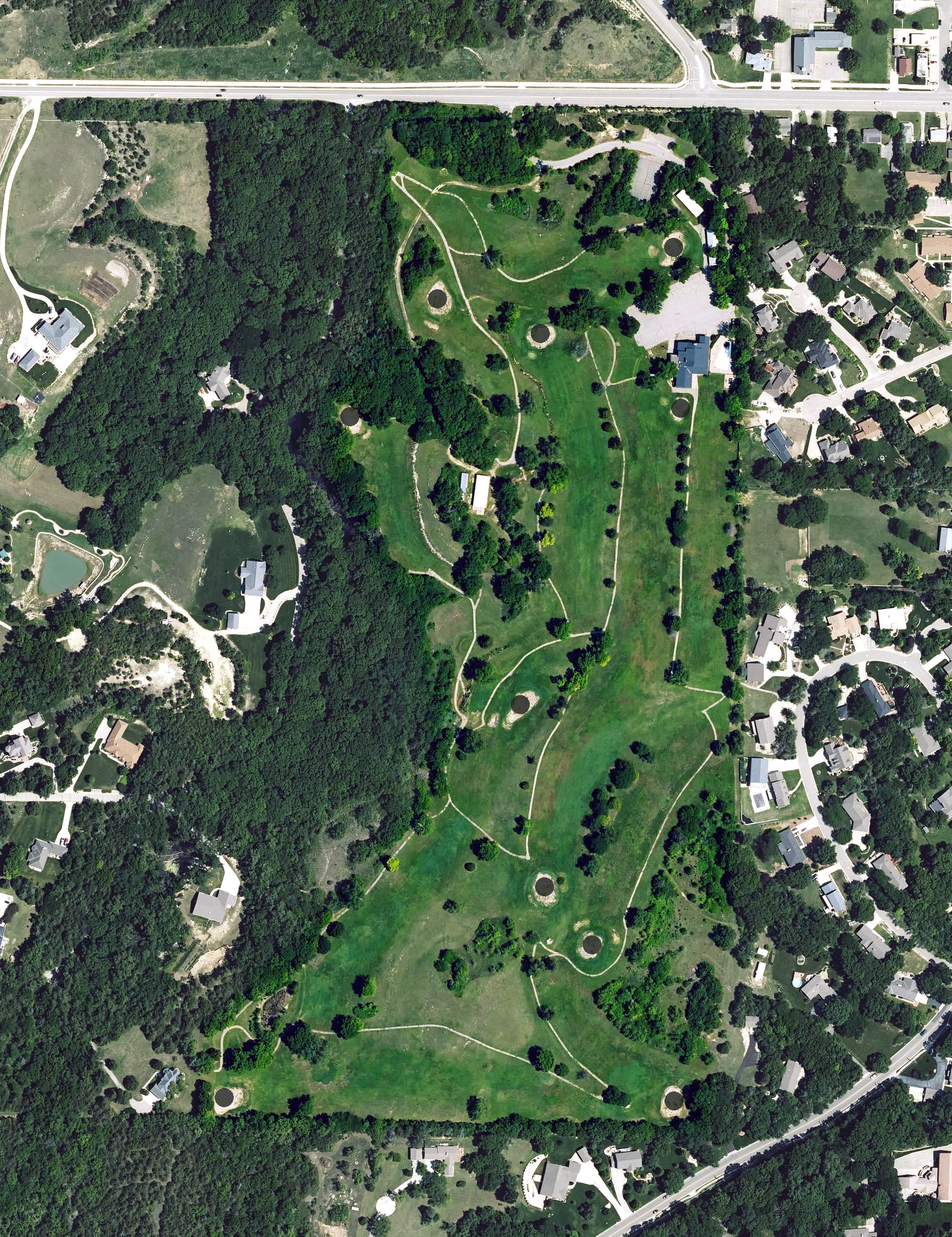 Aerial view of Junction City Golf Course, KS, with its hole routing marked