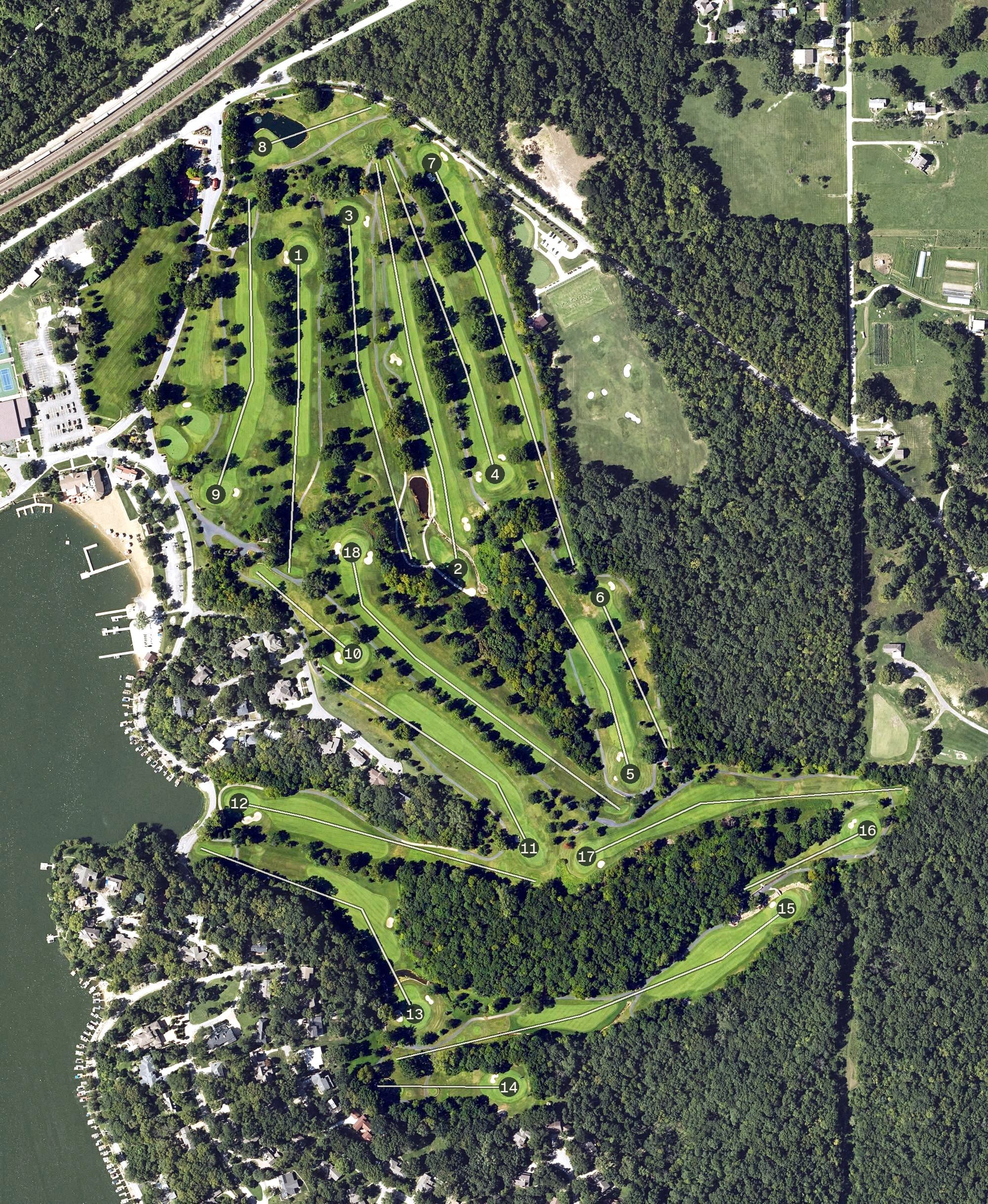 Aerial view of Lake Quivira Country Club, KS, with its hole routing marked