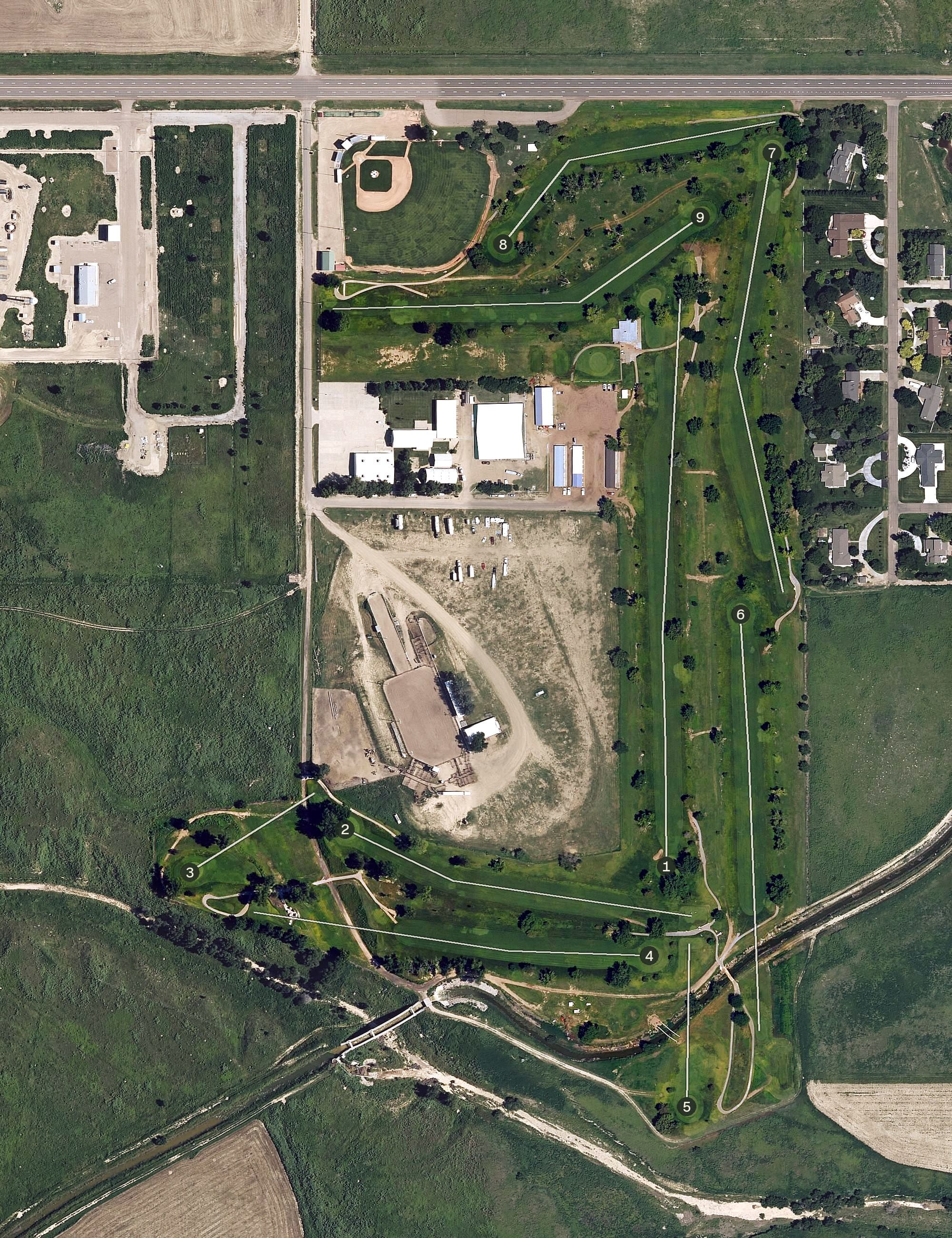 Aerial view of Lakin Municipal Golf Course, KS, with its hole routing marked