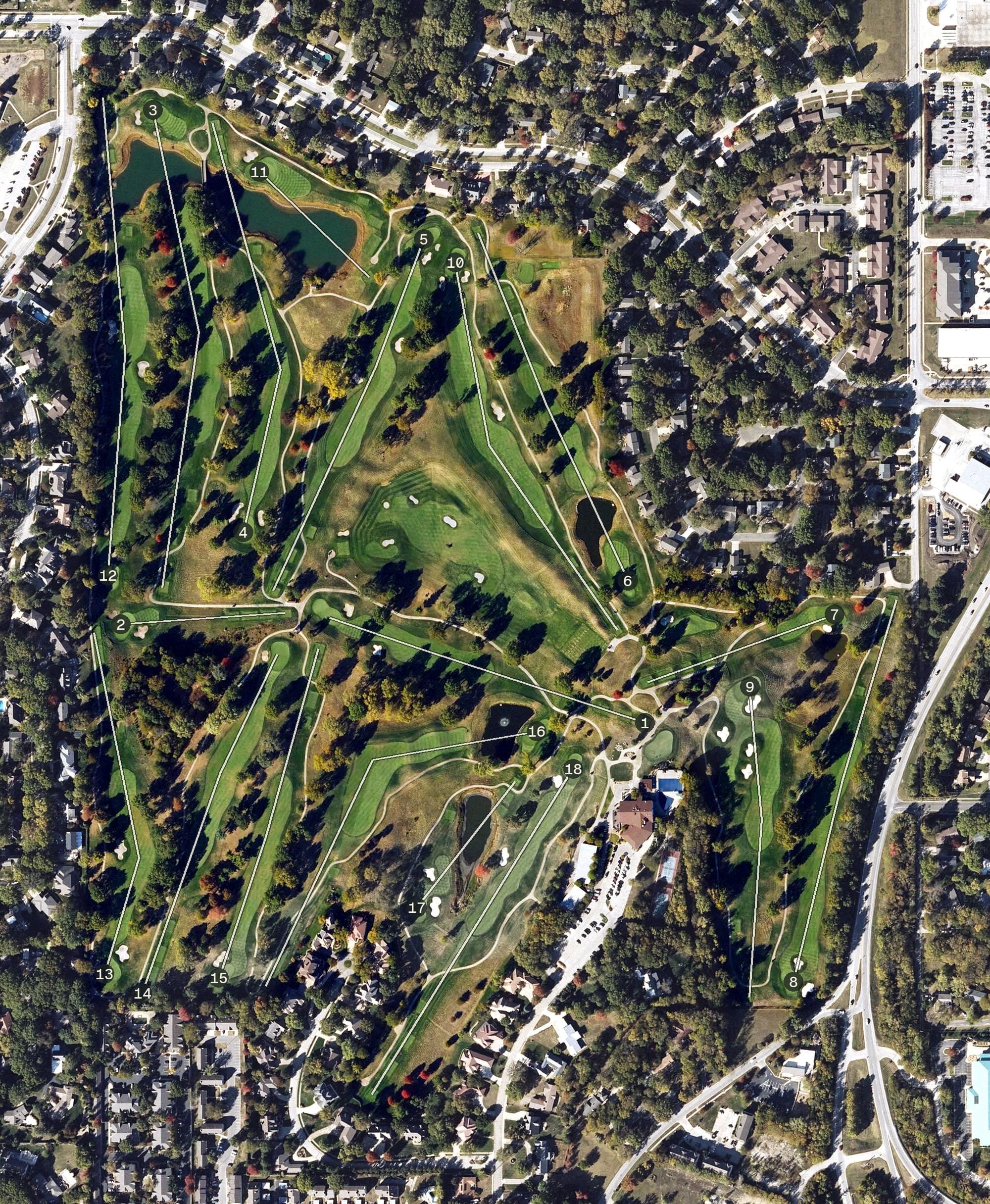 Aerial view of Lawrence Country Club, KS, with its hole routing marked