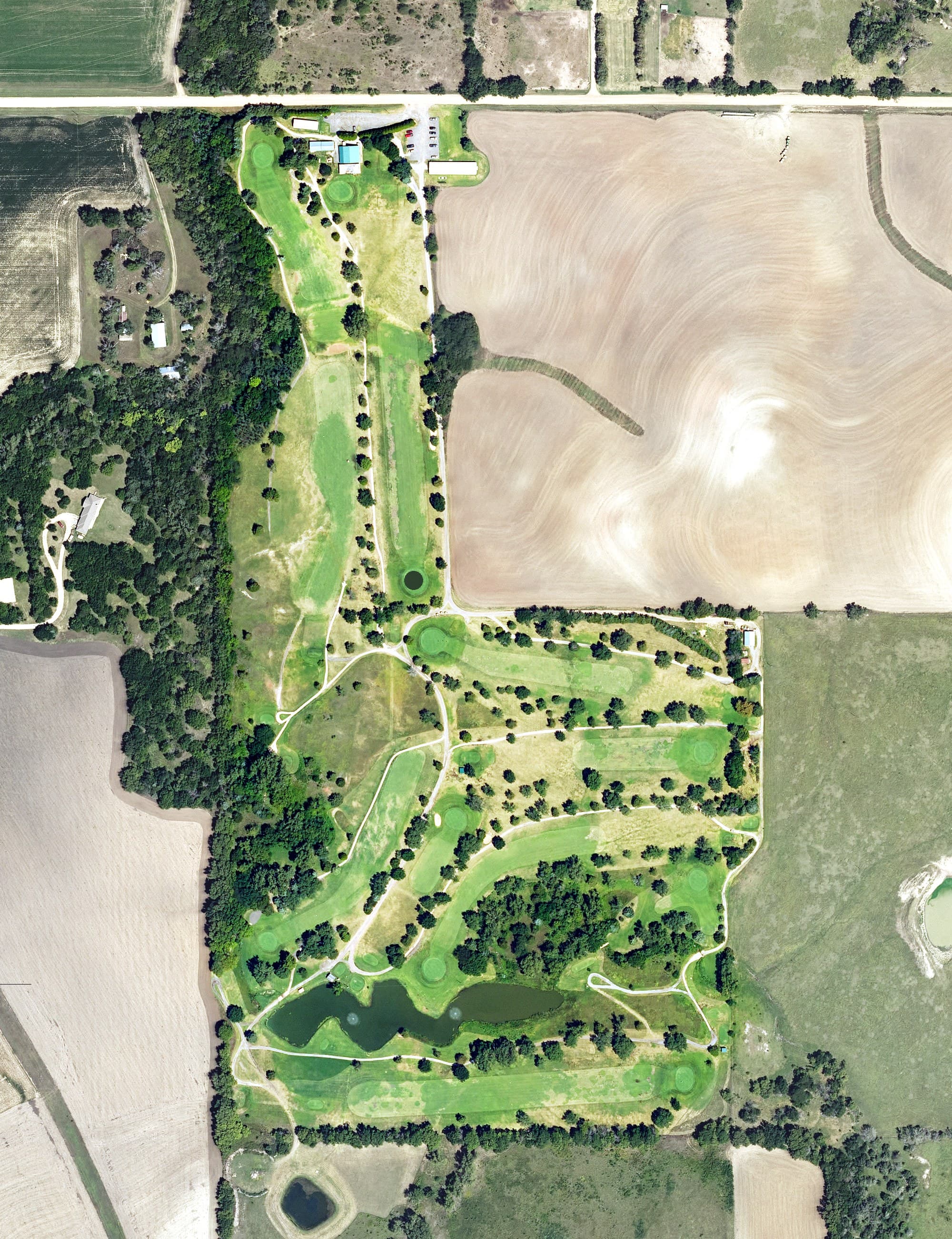 Aerial view of Lindsborg Golf Course, KS, with its hole routing marked