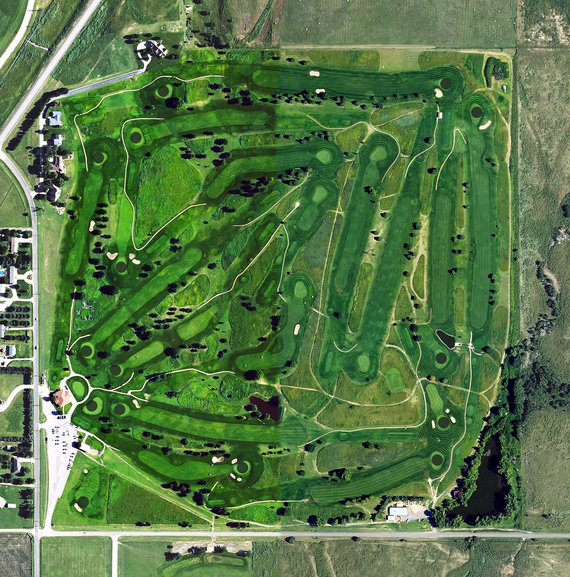 Aerial view of Mariah Hills Golf Course, KS, with its hole routing marked