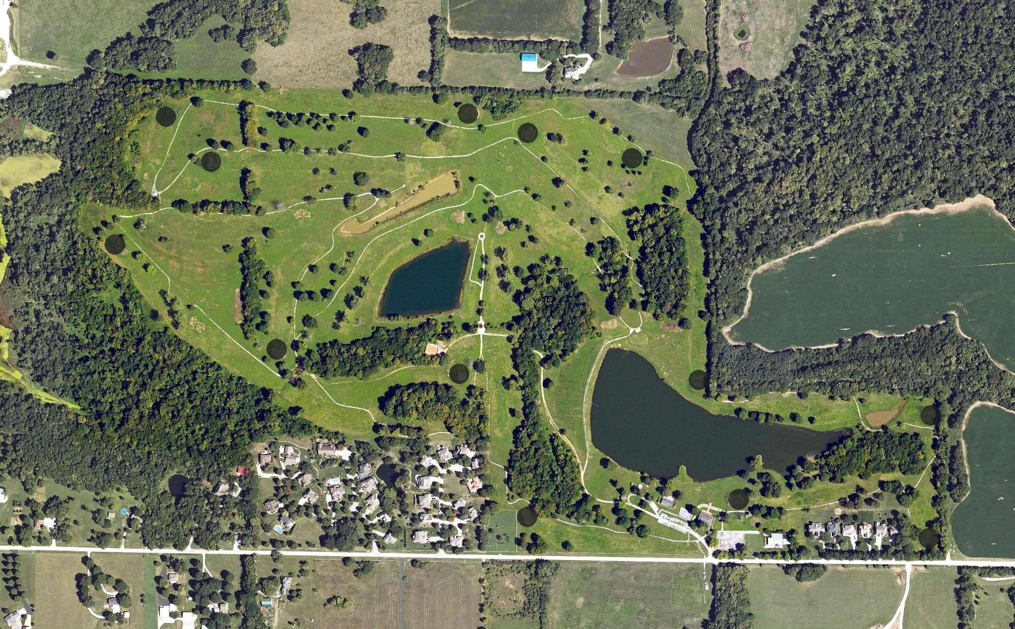 Aerial view of Metcalf Ridge Golf Course, KS, with its hole routing marked