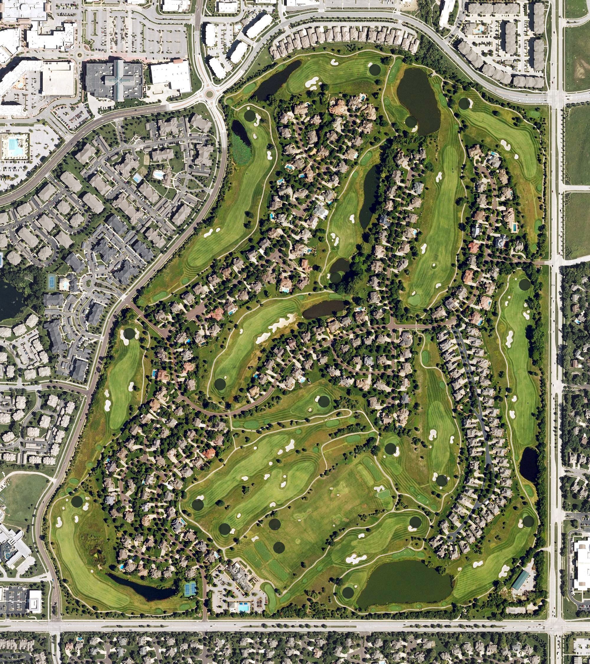 Aerial view of Nicklaus Golf Club at LionsGate, KS, with its hole routing marked
