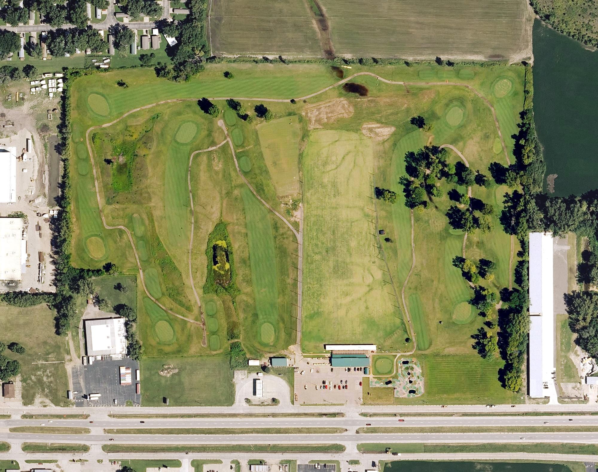 Aerial view of North Topeka Golf Center, KS, with its hole routing marked