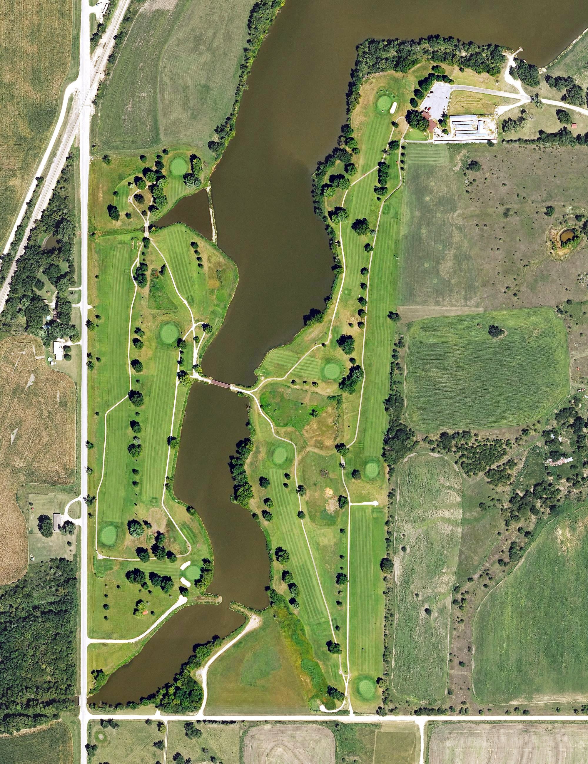Aerial view of Osacge City Golf Club, KS, with its hole routing marked