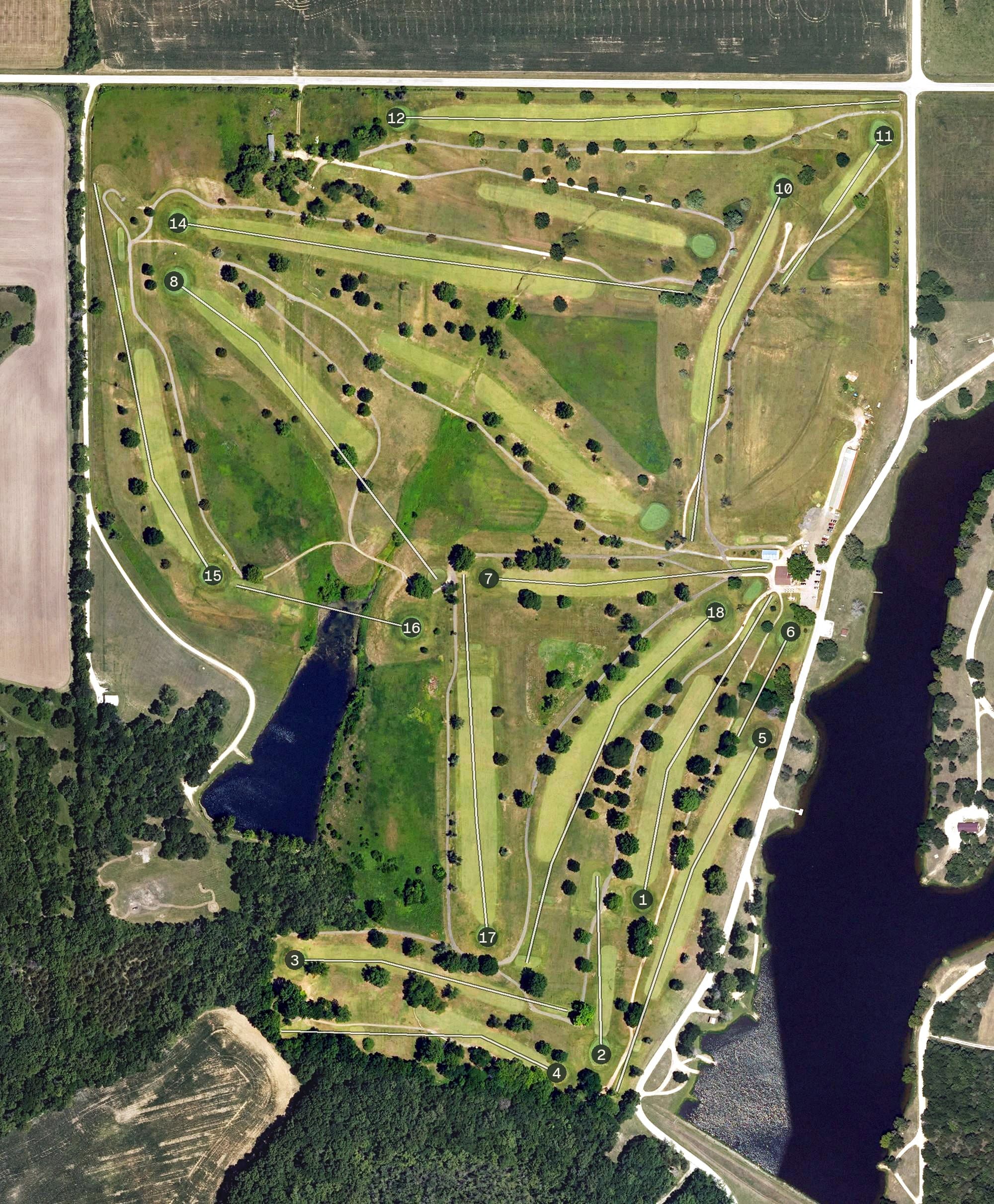 Aerial view of Osawatomie Golf Course, KS, with its hole routing marked