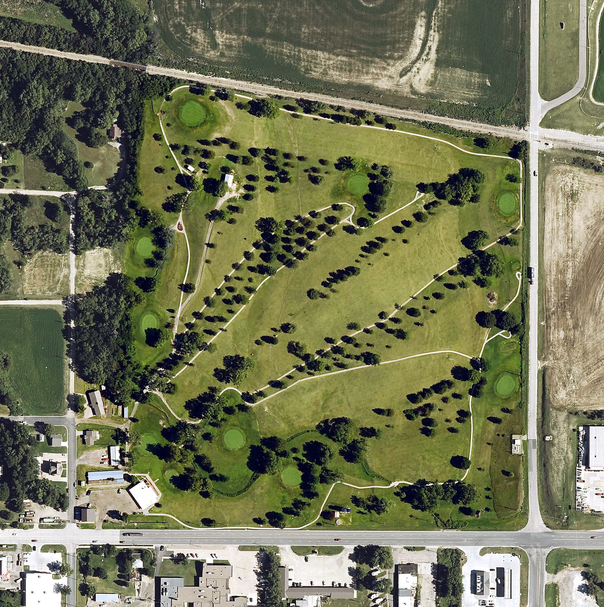 Aerial view of Phillipsburg Golf Club, KS, with its hole routing marked