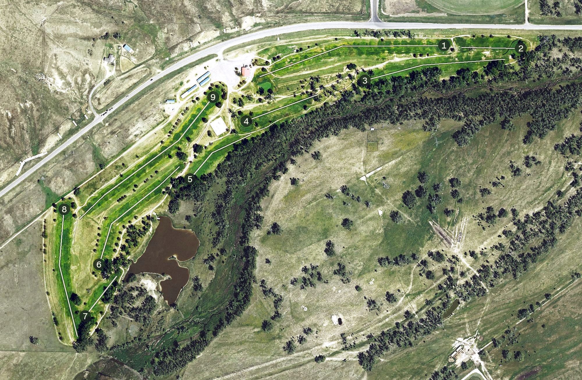 Aerial view of Riverside Recreation Golf Course, KS, with its hole routing marked