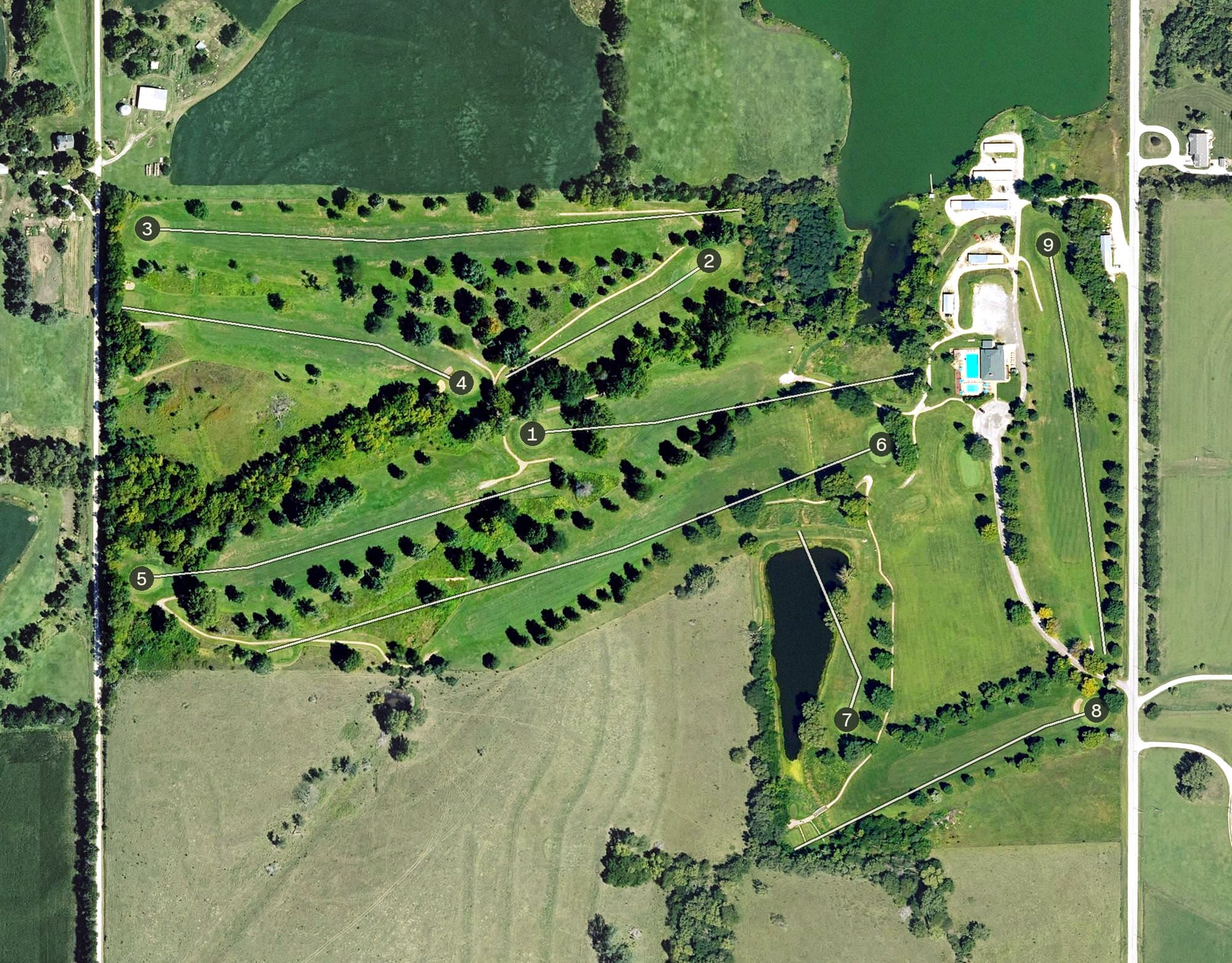 Aerial view of Sabetha Golf Club, KS, with its hole routing marked