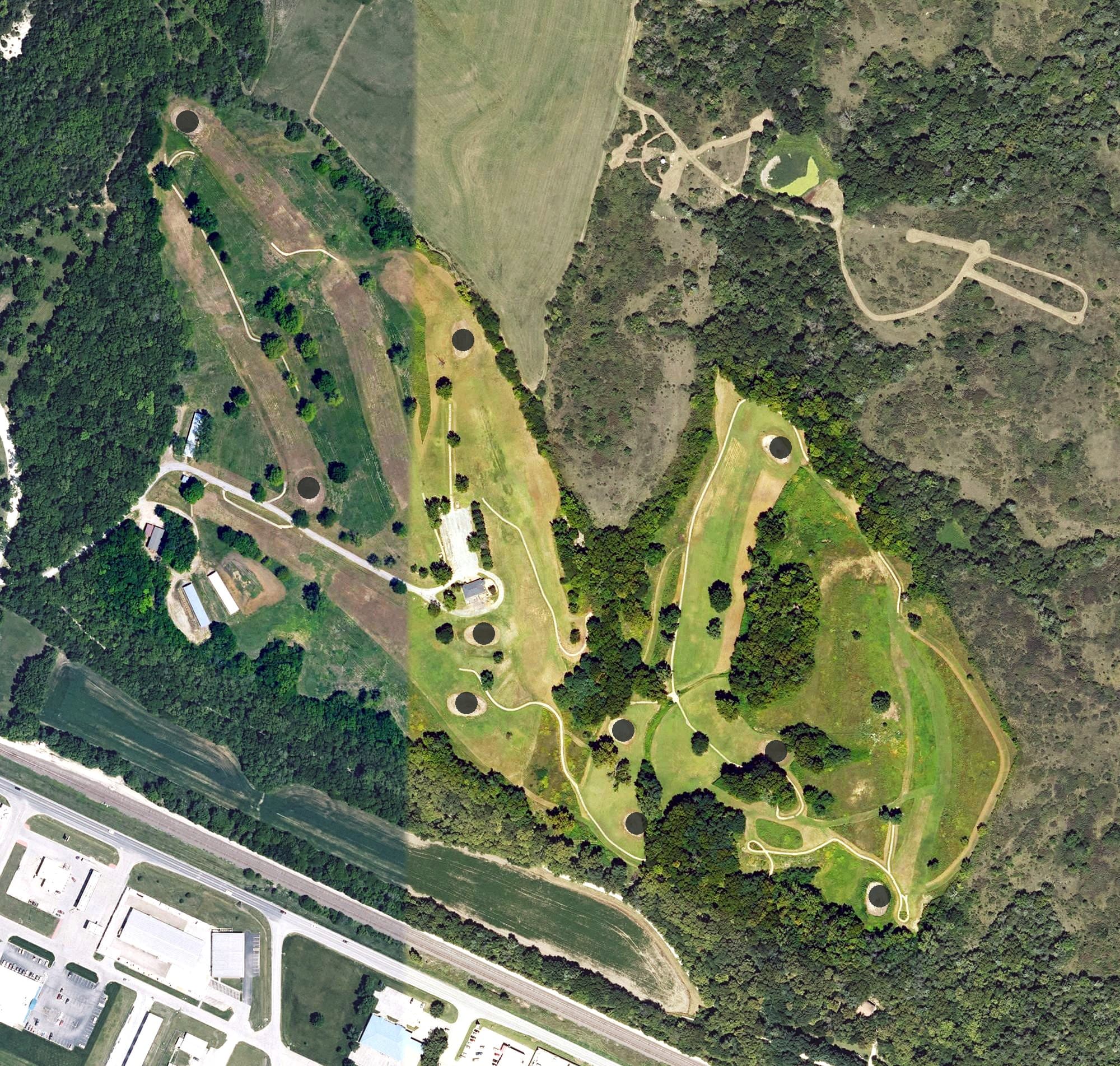 Aerial view of Saint Marys Municipal Golf Course, KS, with its hole routing marked