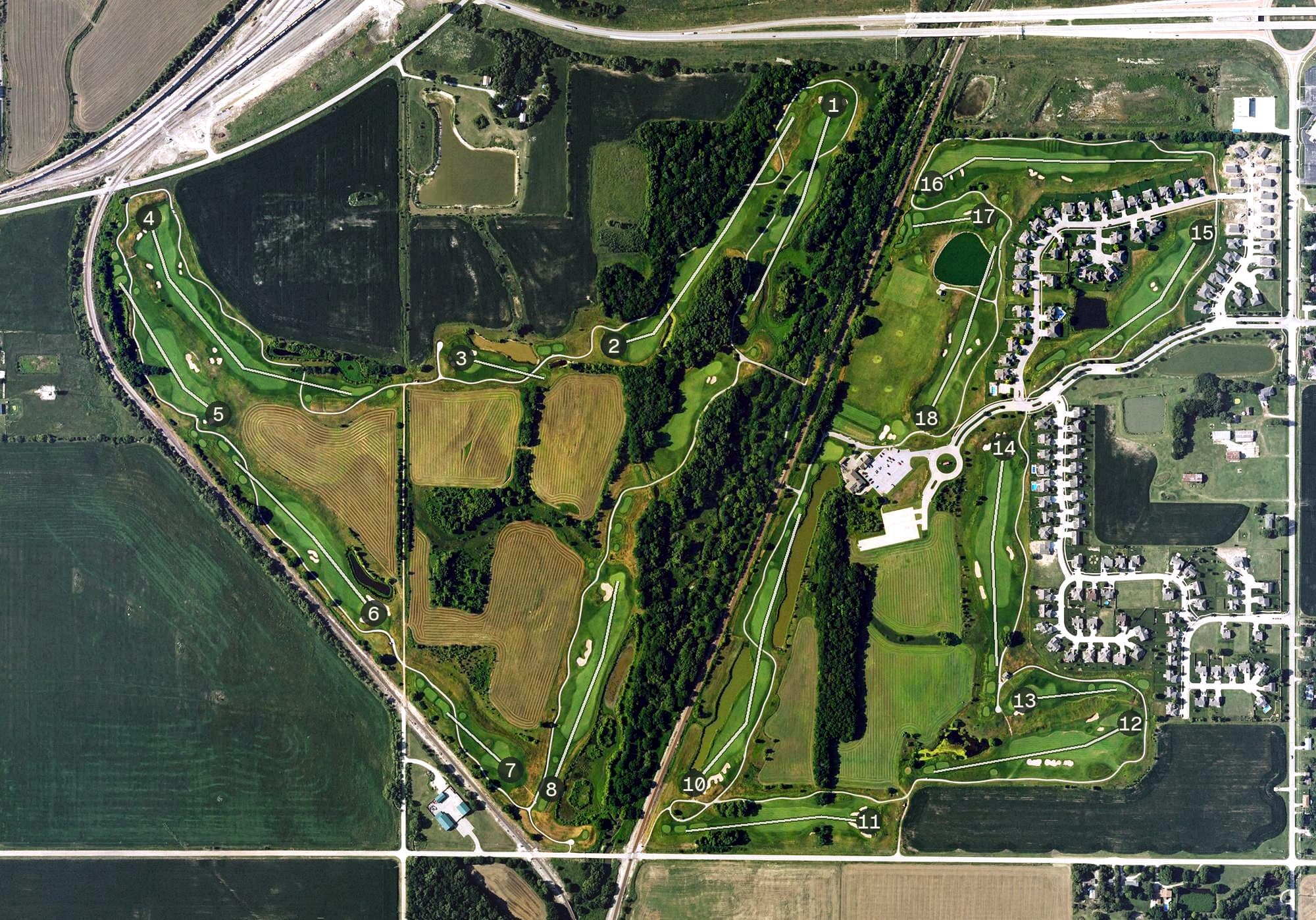 Aerial view of Sand Creek Station, KS, with its hole routing marked