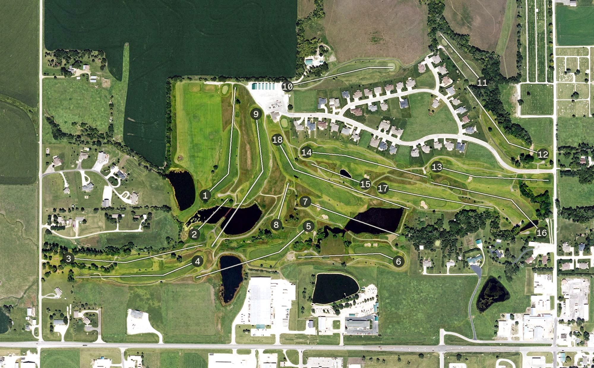 Aerial view of Seneca Golf Club, KS, with its hole routing marked