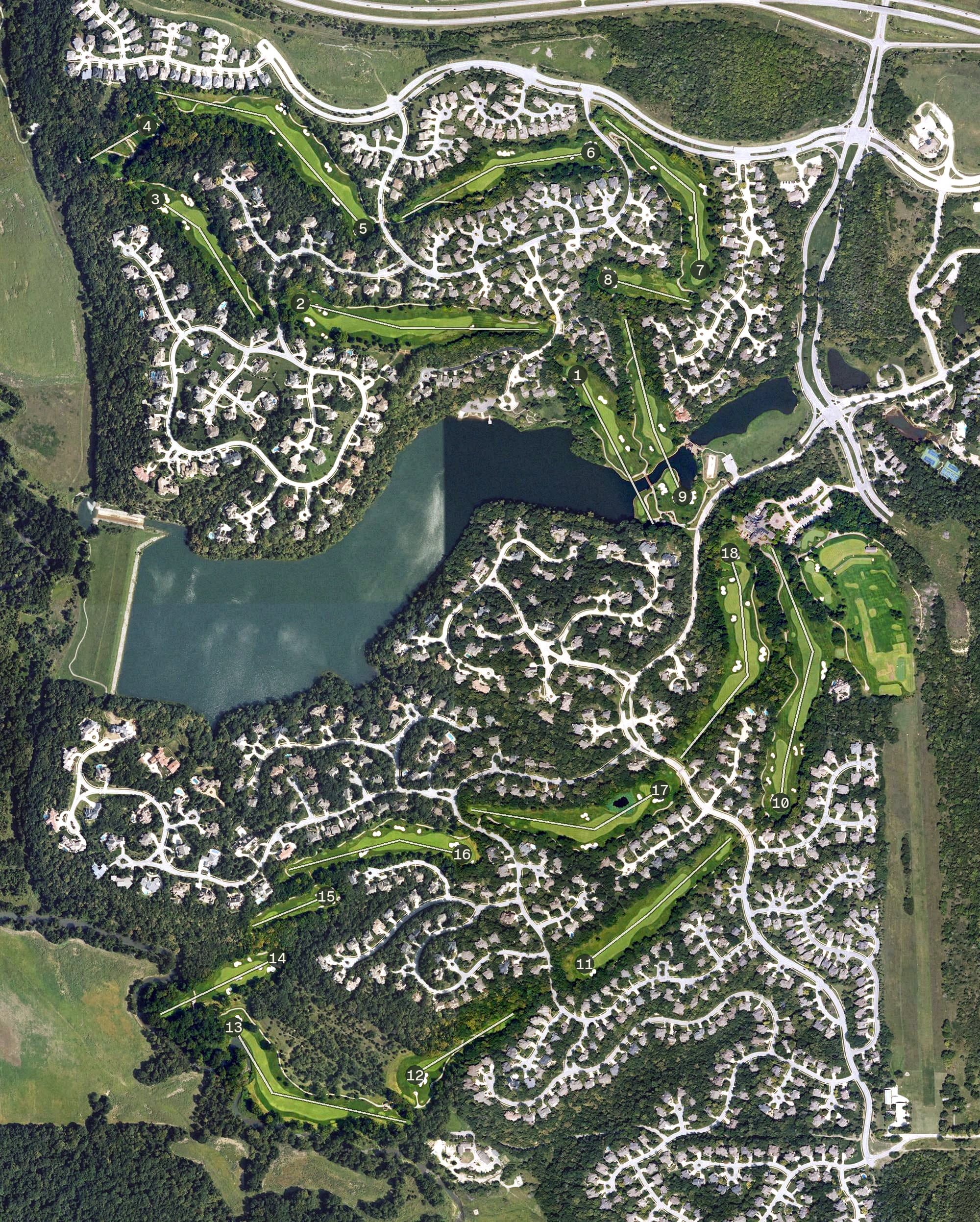 Aerial view of Shadow Glen Golf Club, KS, with its hole routing marked