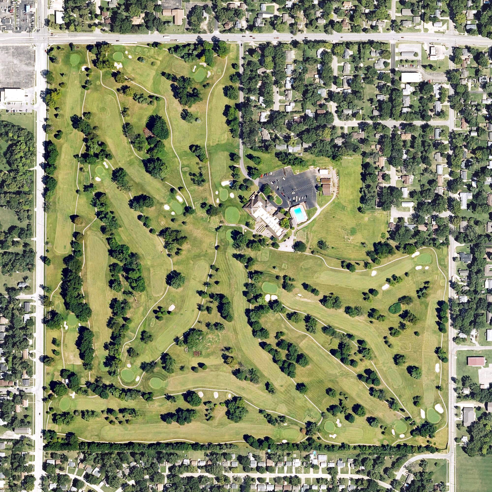 Aerial view of Shawnee Country Club, KS, with its hole routing marked