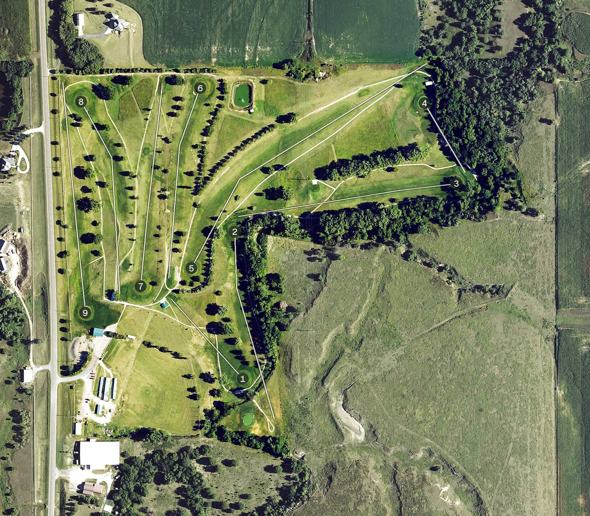 Aerial view of Smith Center Municipal Golf Course, KS, with its hole routing marked