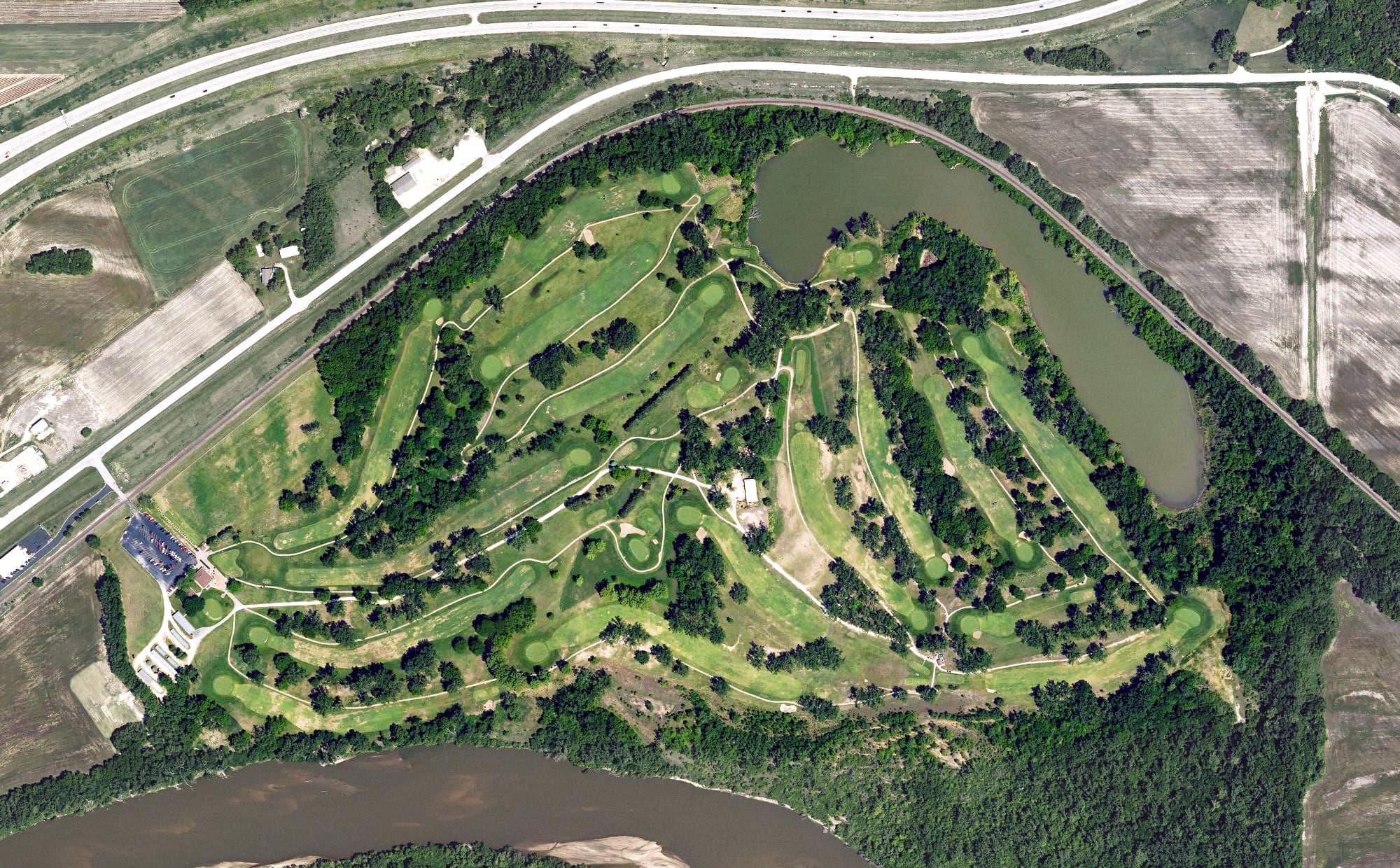 Aerial view of Stagg Hill Golf Course, KS, with its hole routing marked