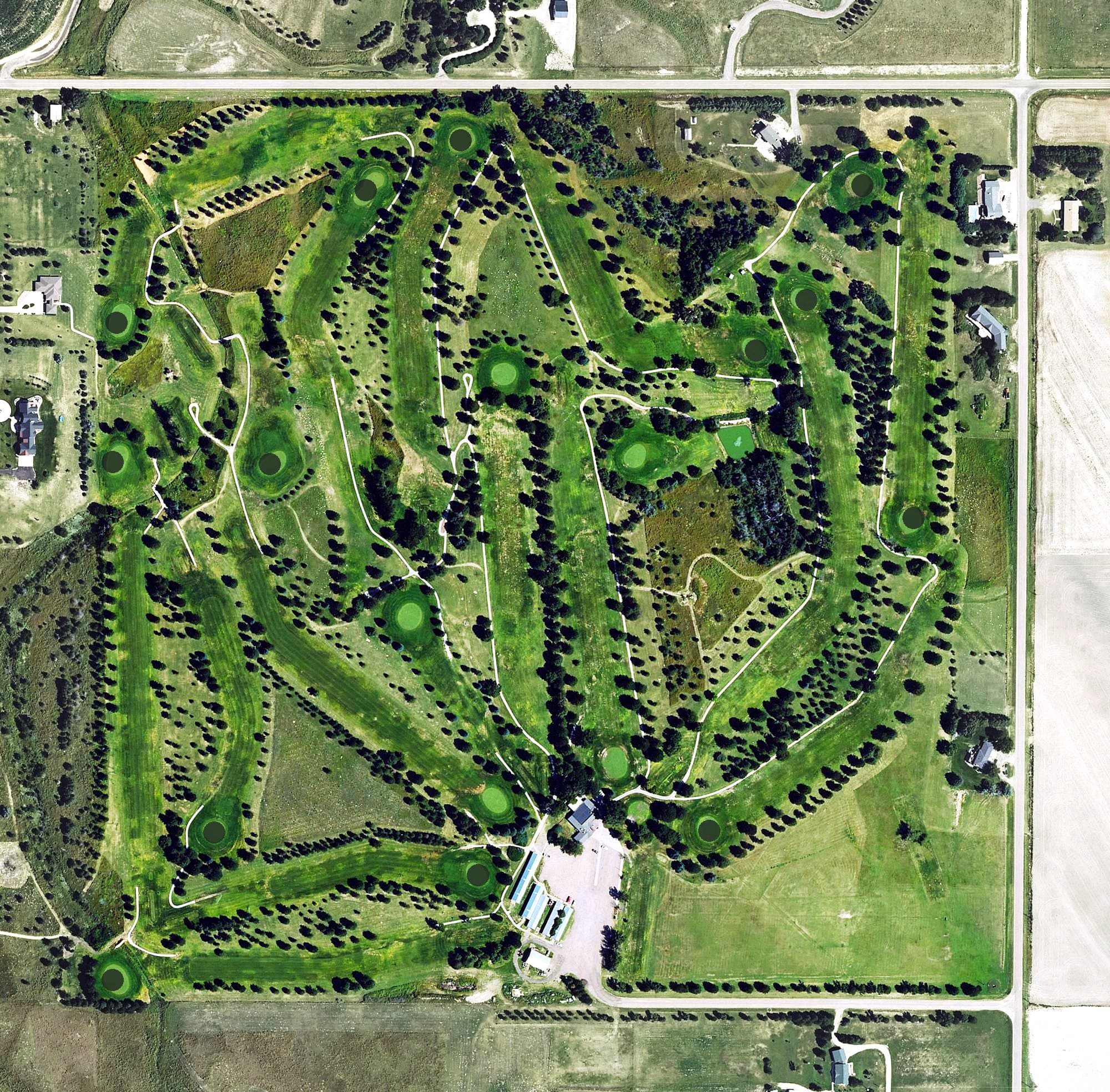 Aerial view of Sugar Hills Golf Club, KS, with its hole routing marked