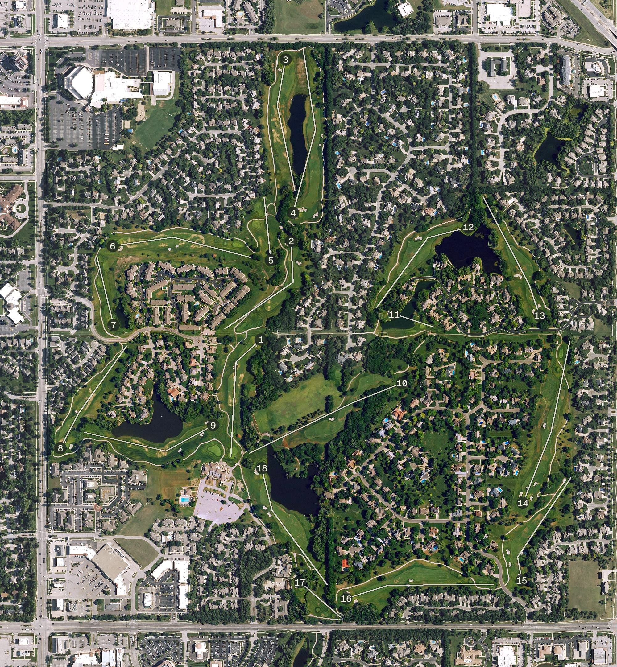 Aerial view of Tall Grass Country Club, KS, with its hole routing marked