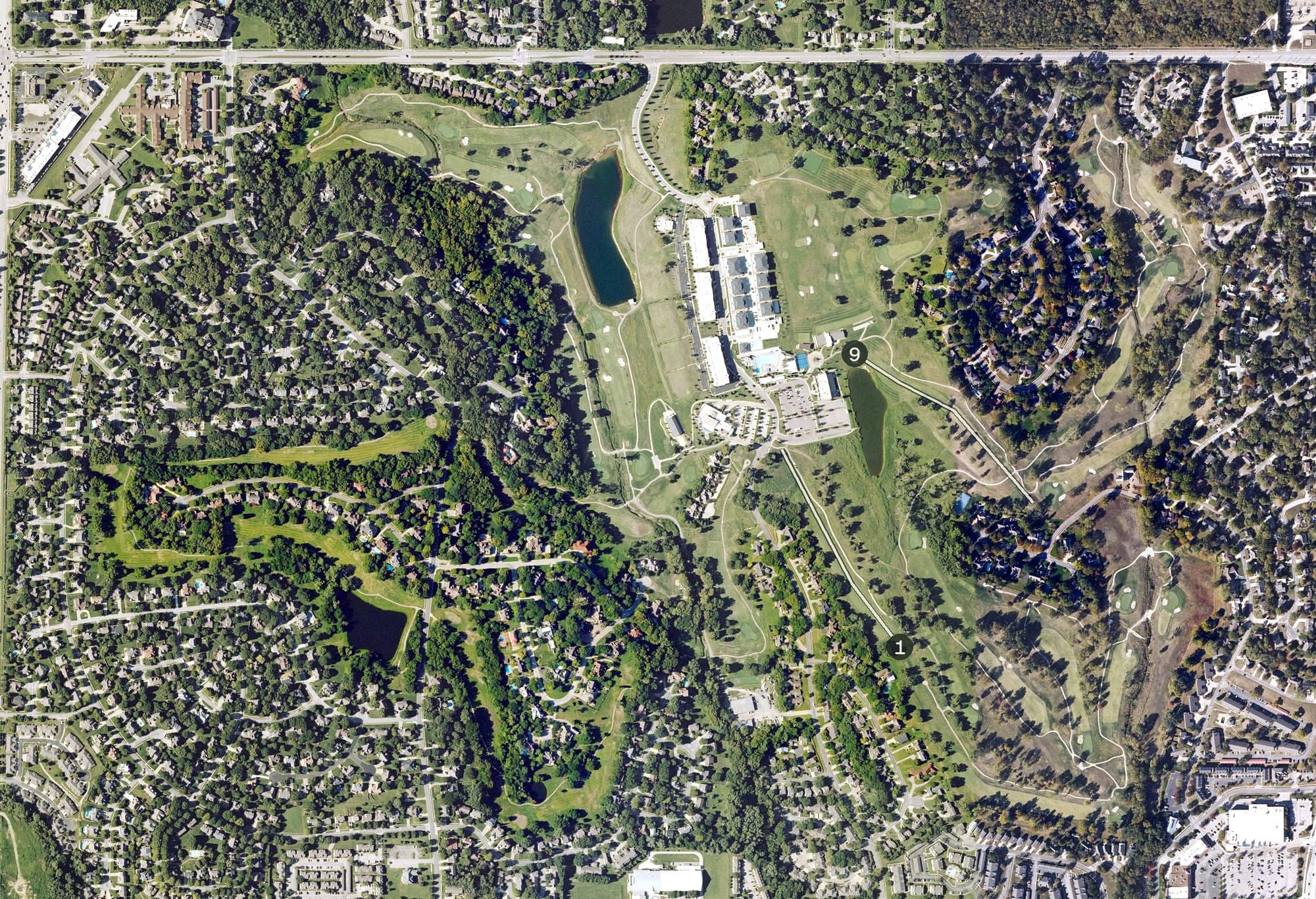 Aerial view of The Jayhawk Club, KS, with its hole routing marked