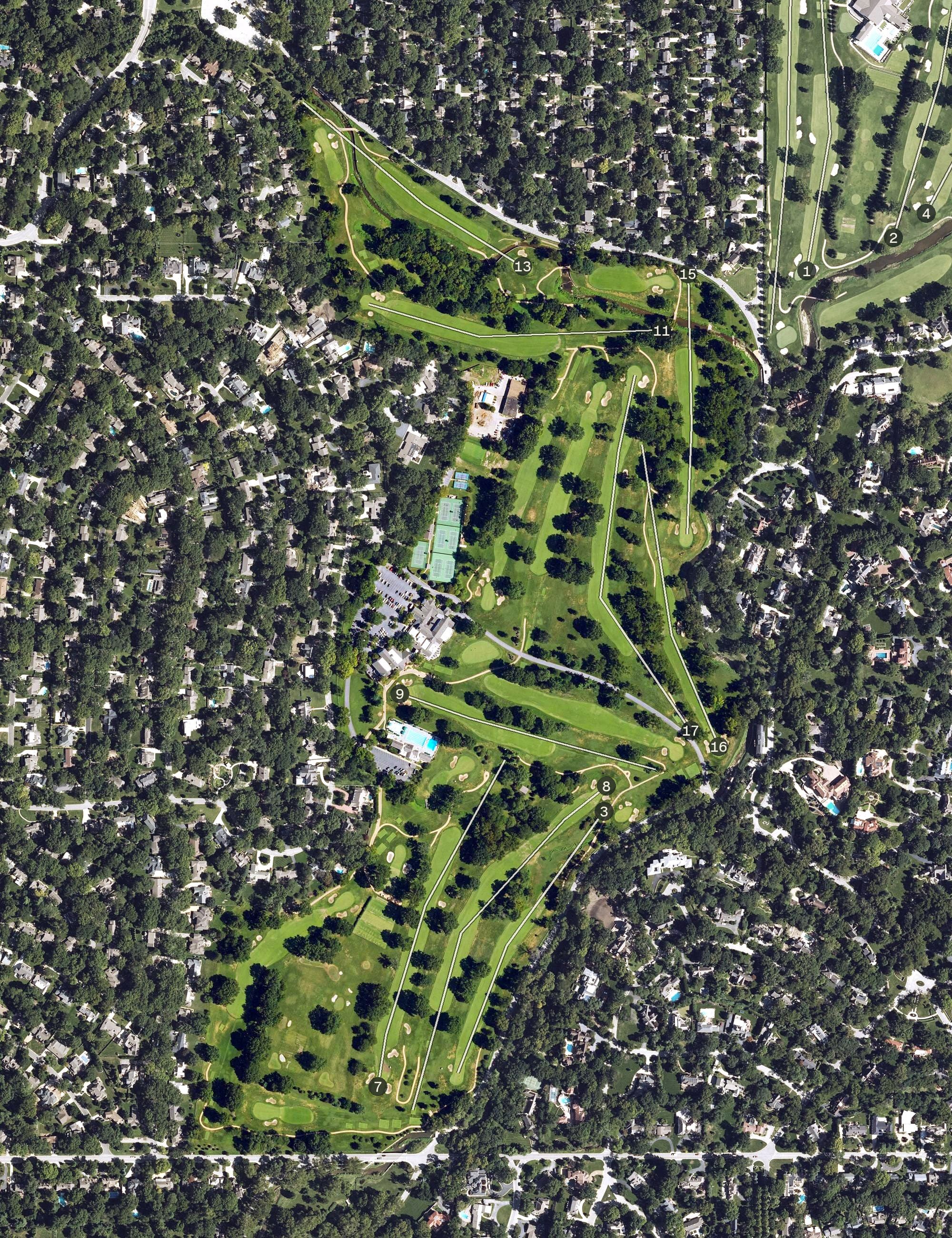 Aerial view of The Kansas City Country Club, KS, with its hole routing marked