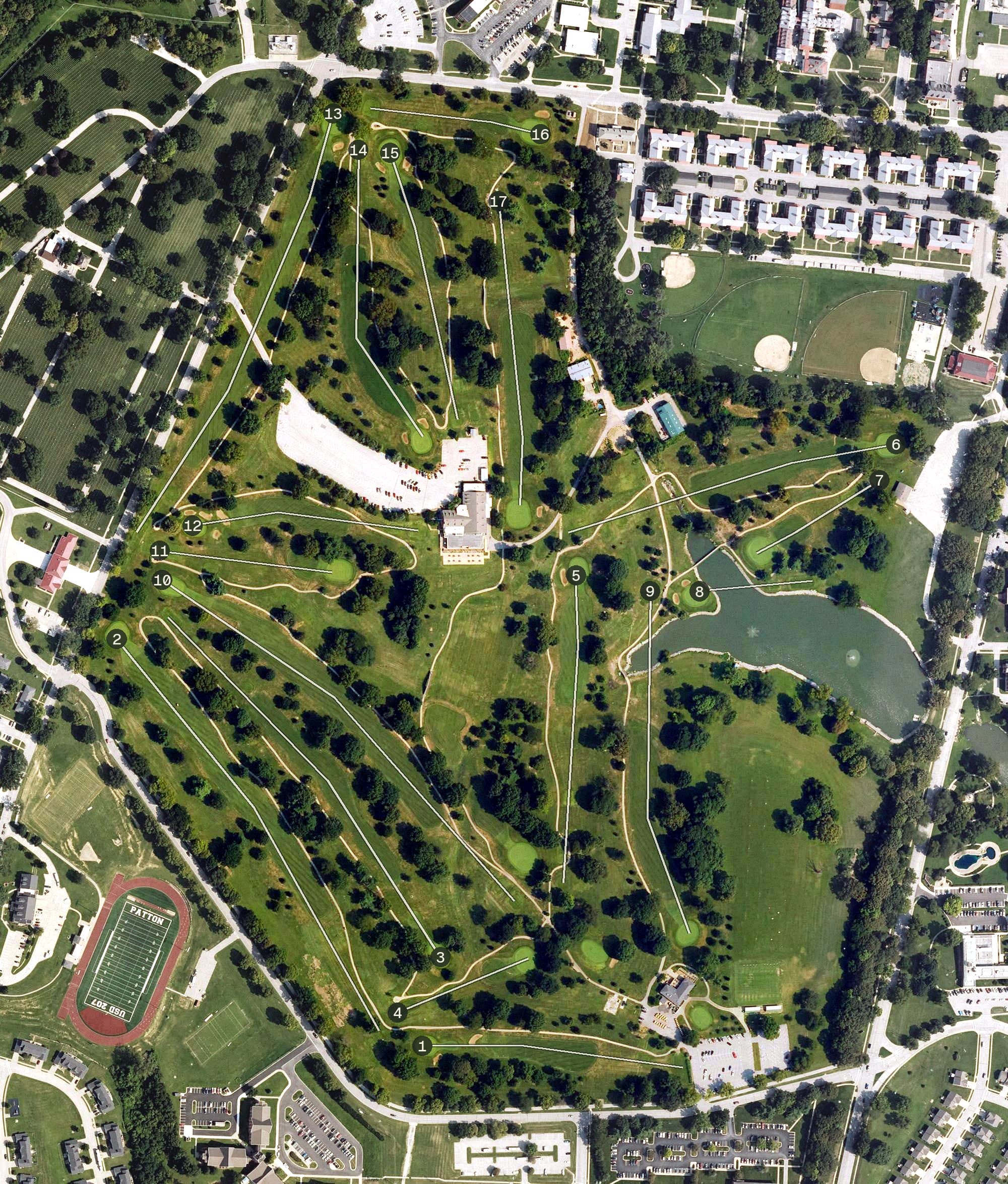 Aerial view of Trails West Golf Course, KS, with its hole routing marked