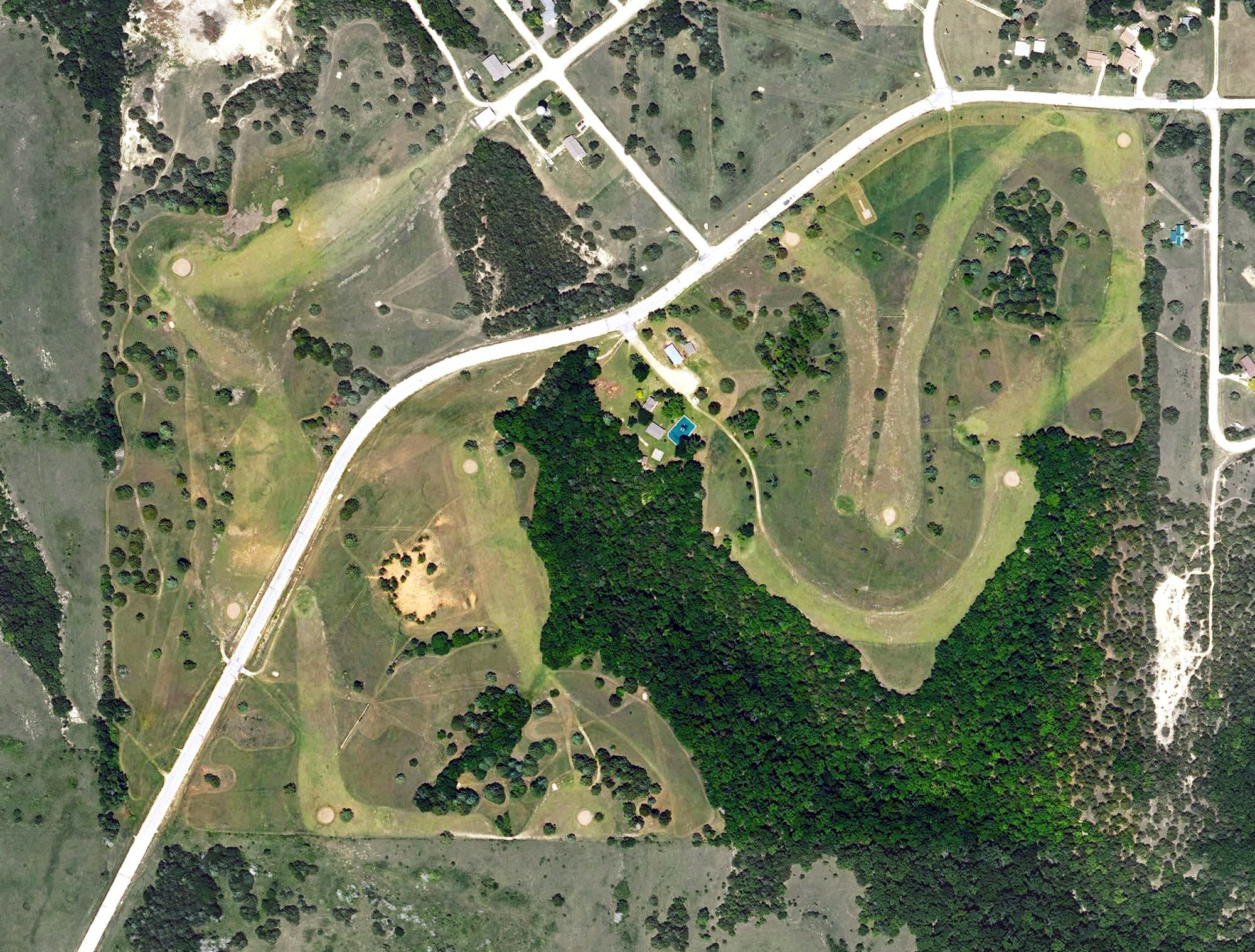 Aerial view of University Park Golf Course, KS, with its hole routing marked