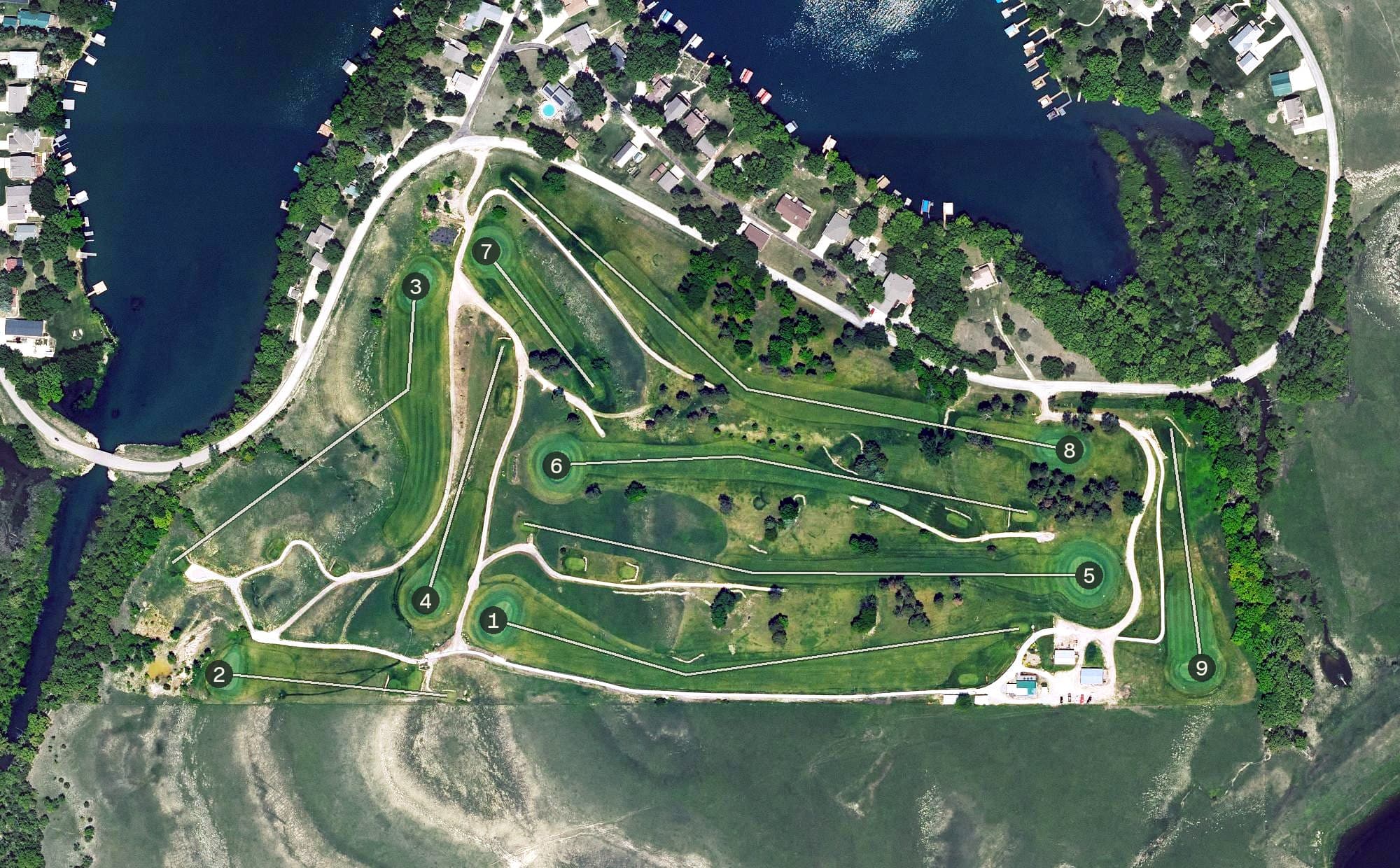 Aerial view of Wabaunsee Pines Golf Course, KS, with its hole routing marked