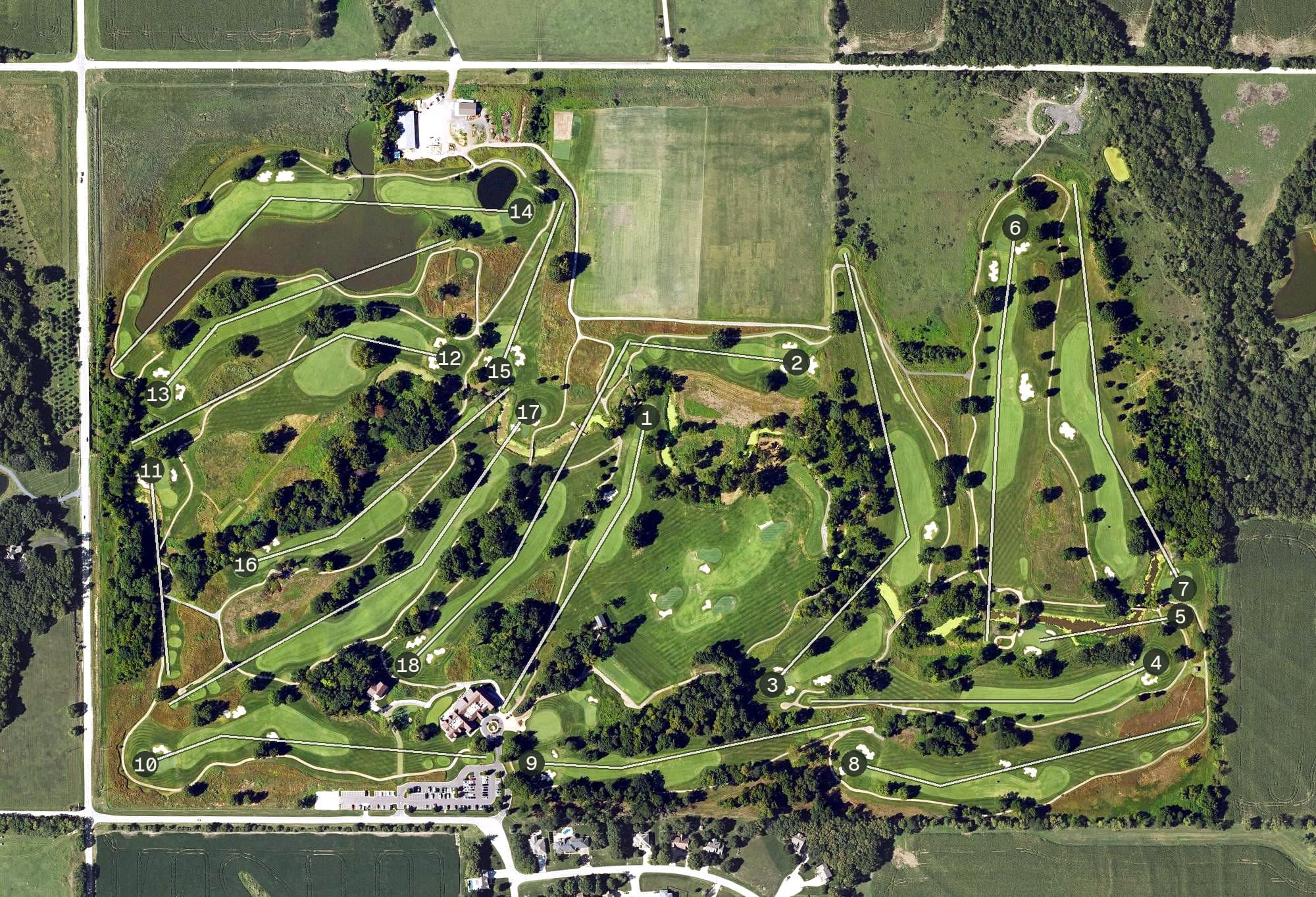 Aerial view of Wolf Creek Golf, KS, with its hole routing marked