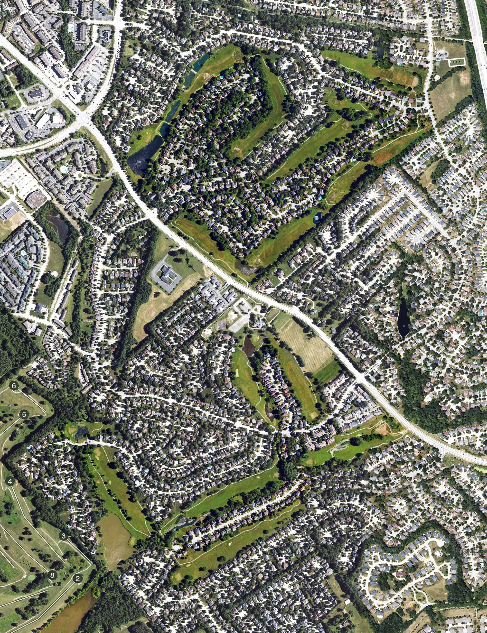 Aerial view of Andover Golf & Country Club, KY, with its hole routing marked