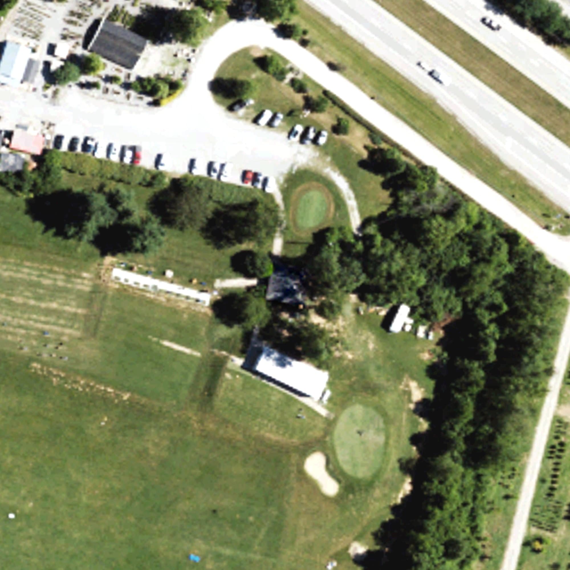 Aerial view of Athens Golf Center, KY, with its hole routing marked