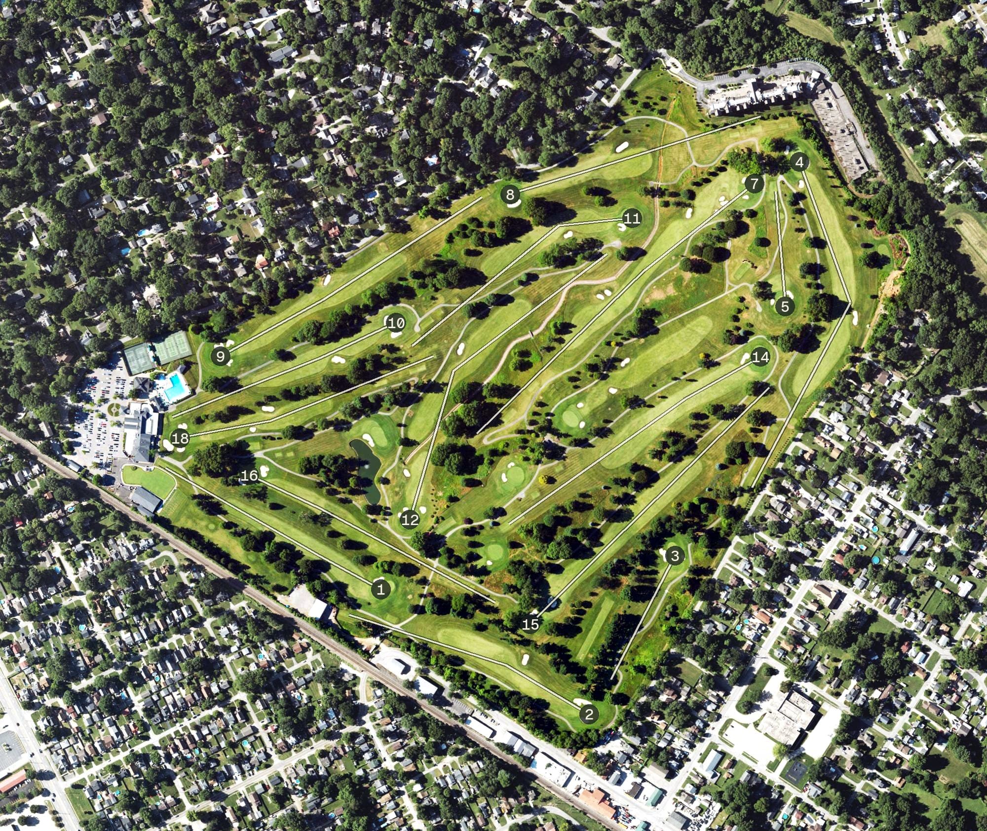 Aerial view of Audubon Country Club, KY, with its hole routing marked
