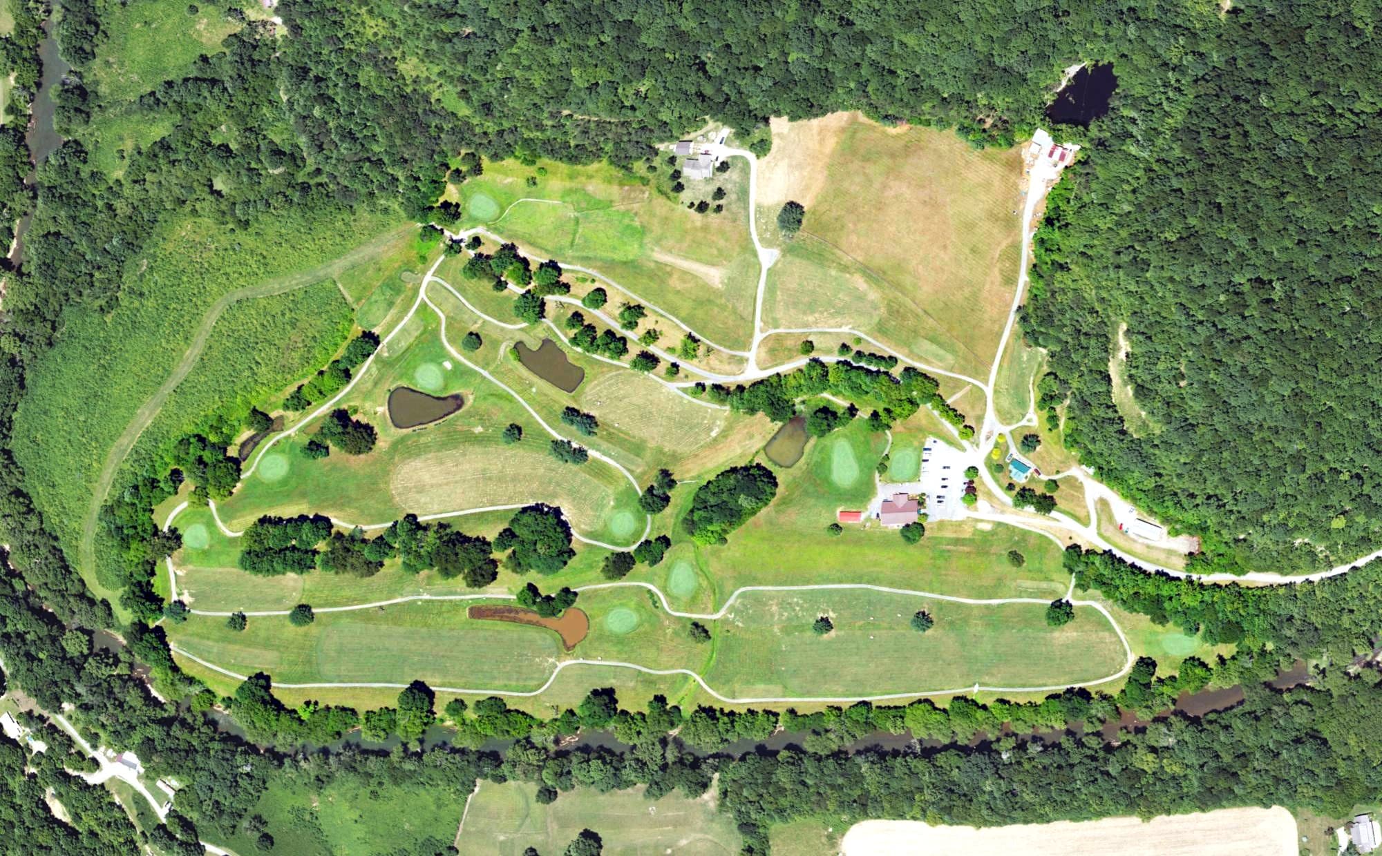 Aerial view of Big Hickory Golf Course, KY, with its hole routing marked