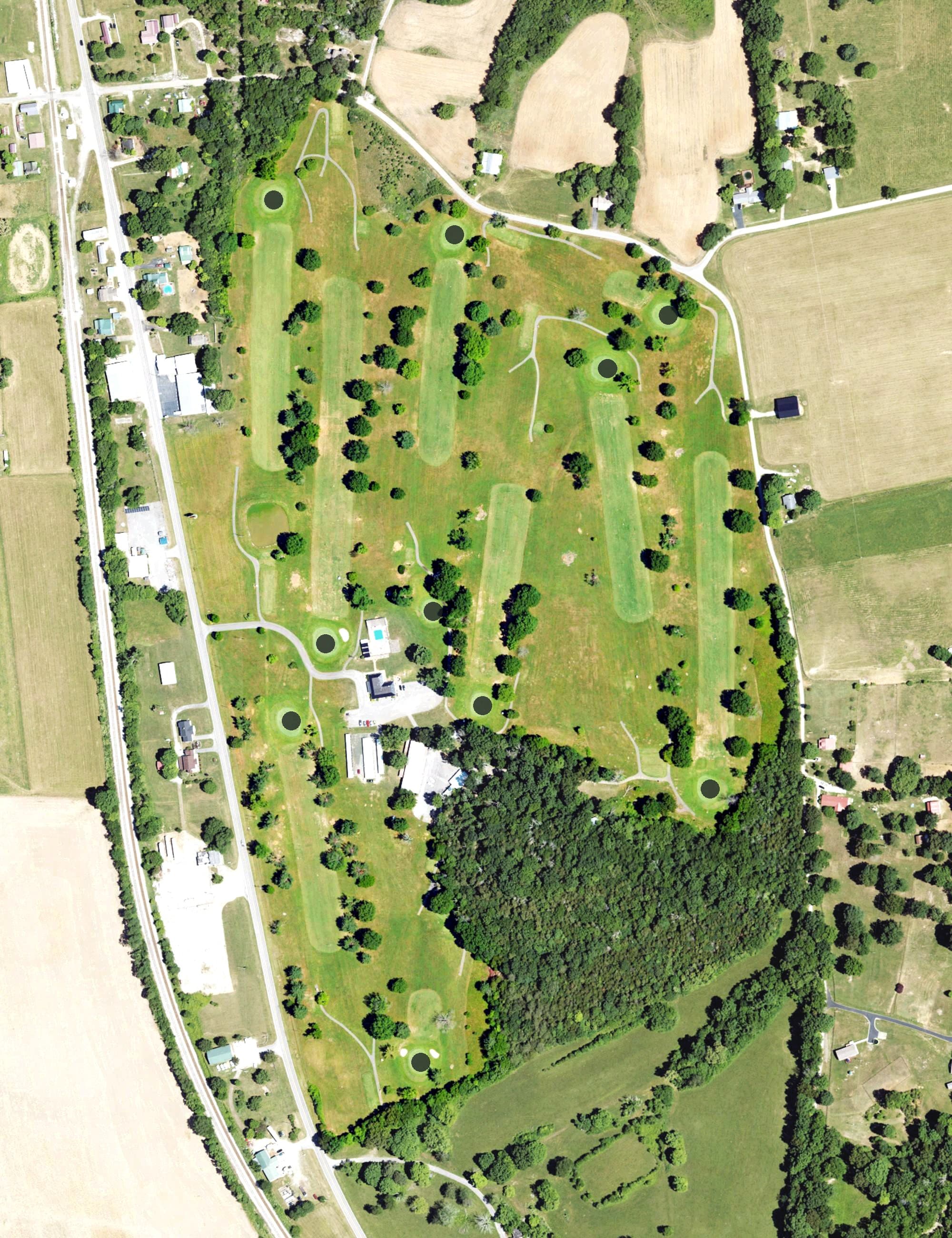 Aerial view of Caveland Country Club, KY, with its hole routing marked