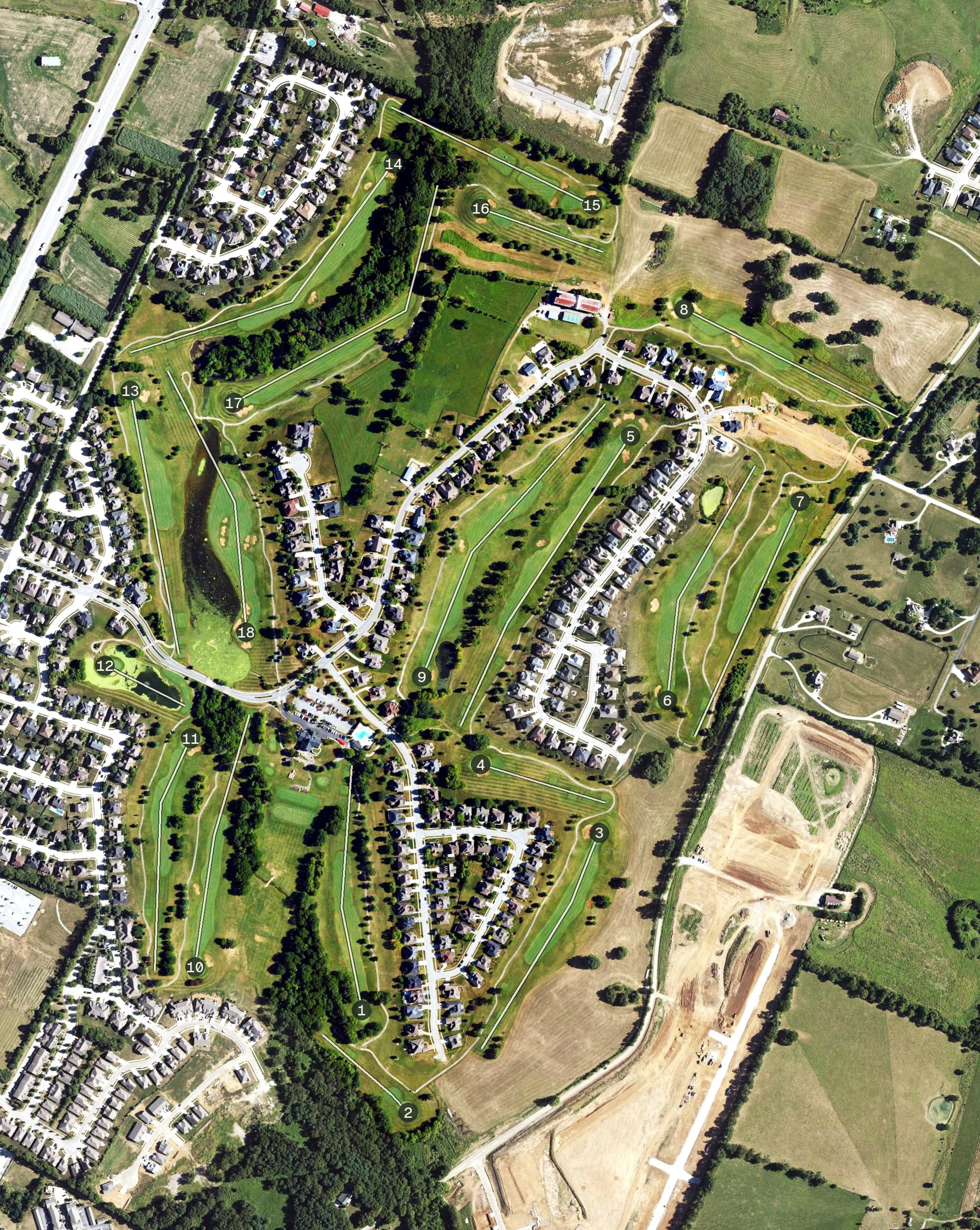 Aerial view of Cherry Blossom Golf Club, KY, with its hole routing marked