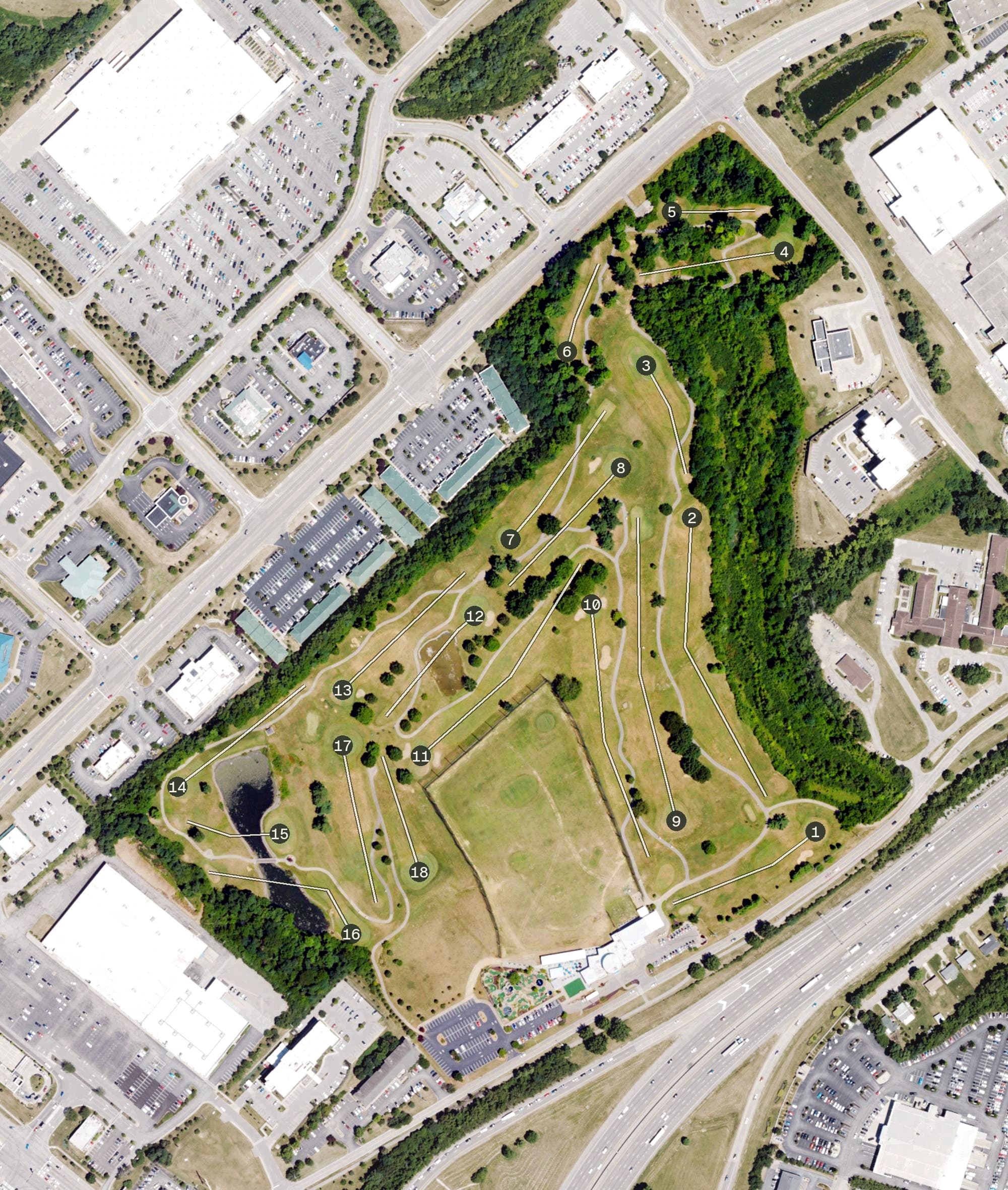 Aerial view of City of Florence Golf Course, KY, with its hole routing marked