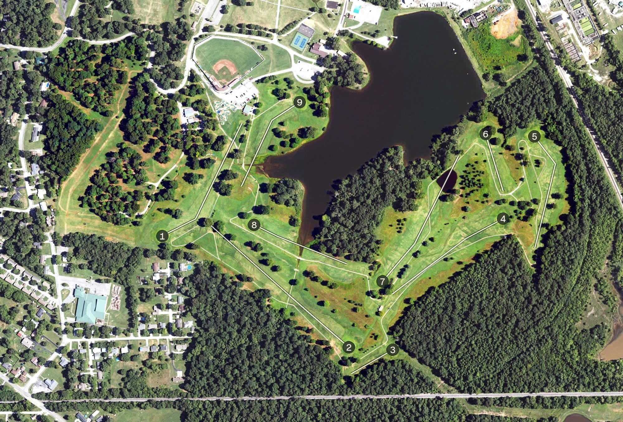 Aerial view of City Park Golf Course, KY, with its hole routing marked