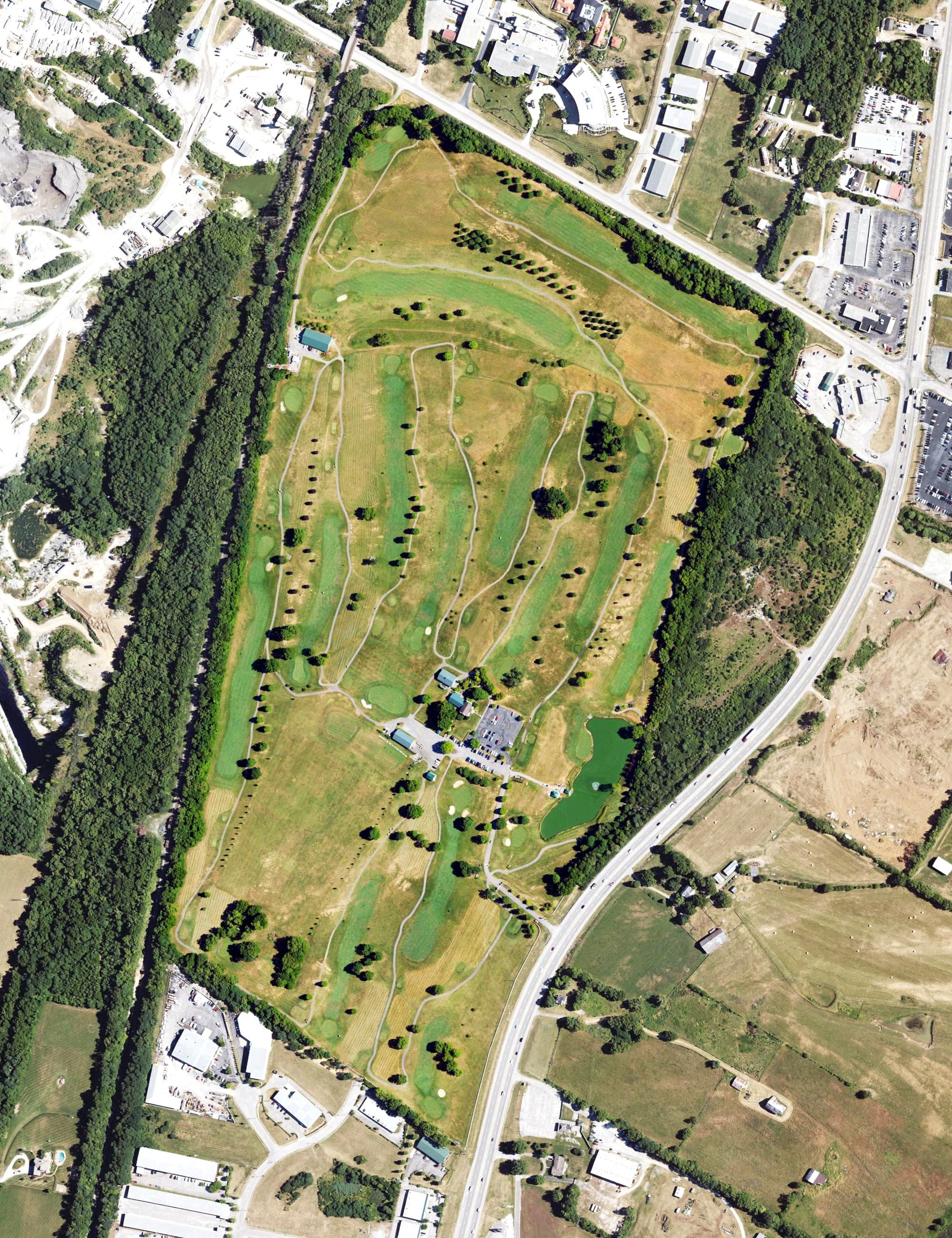 Aerial view of Connemara Golf Course, KY, with its hole routing marked