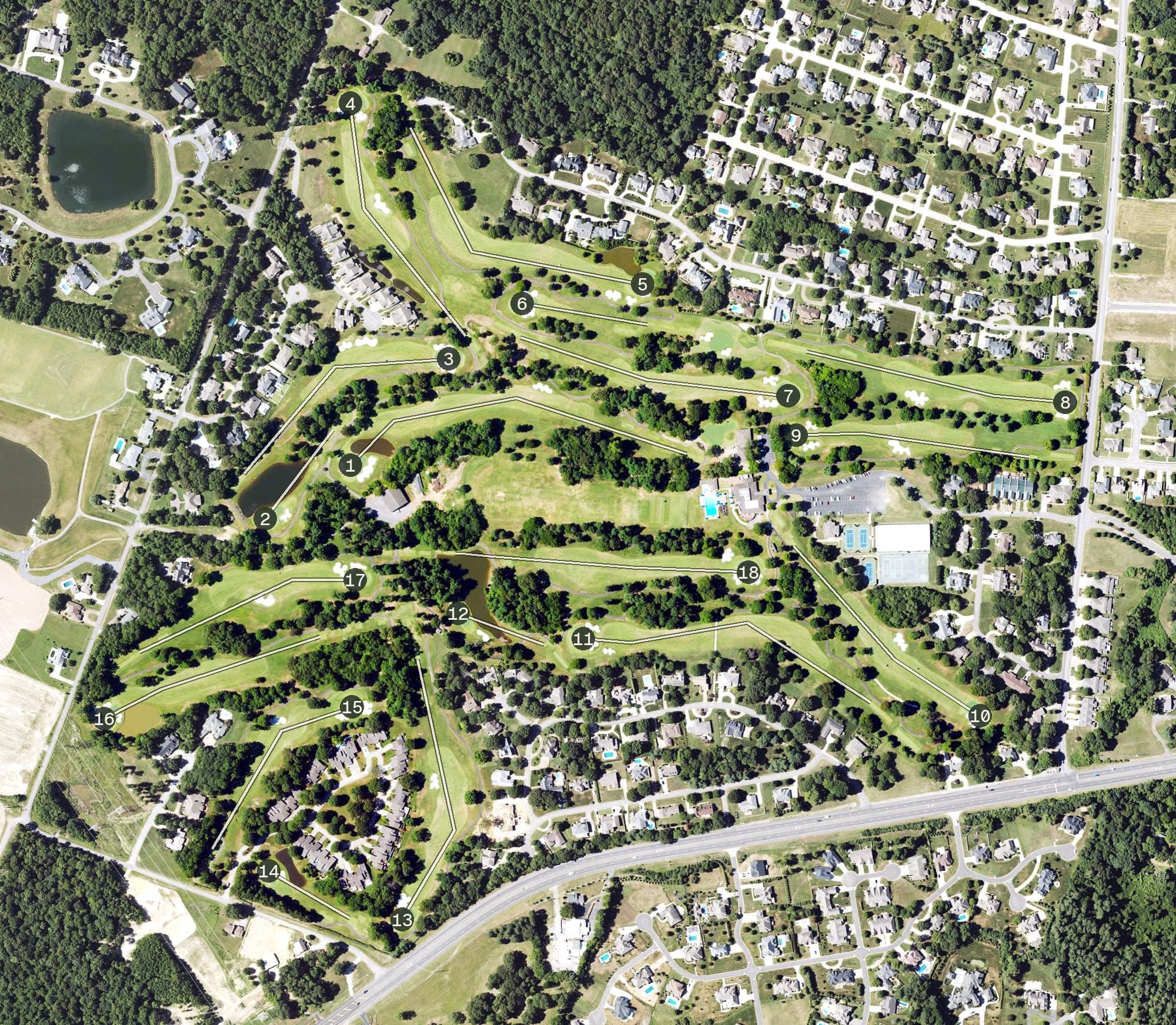 Aerial view of Country Club of Paducah, KY, with its hole routing marked