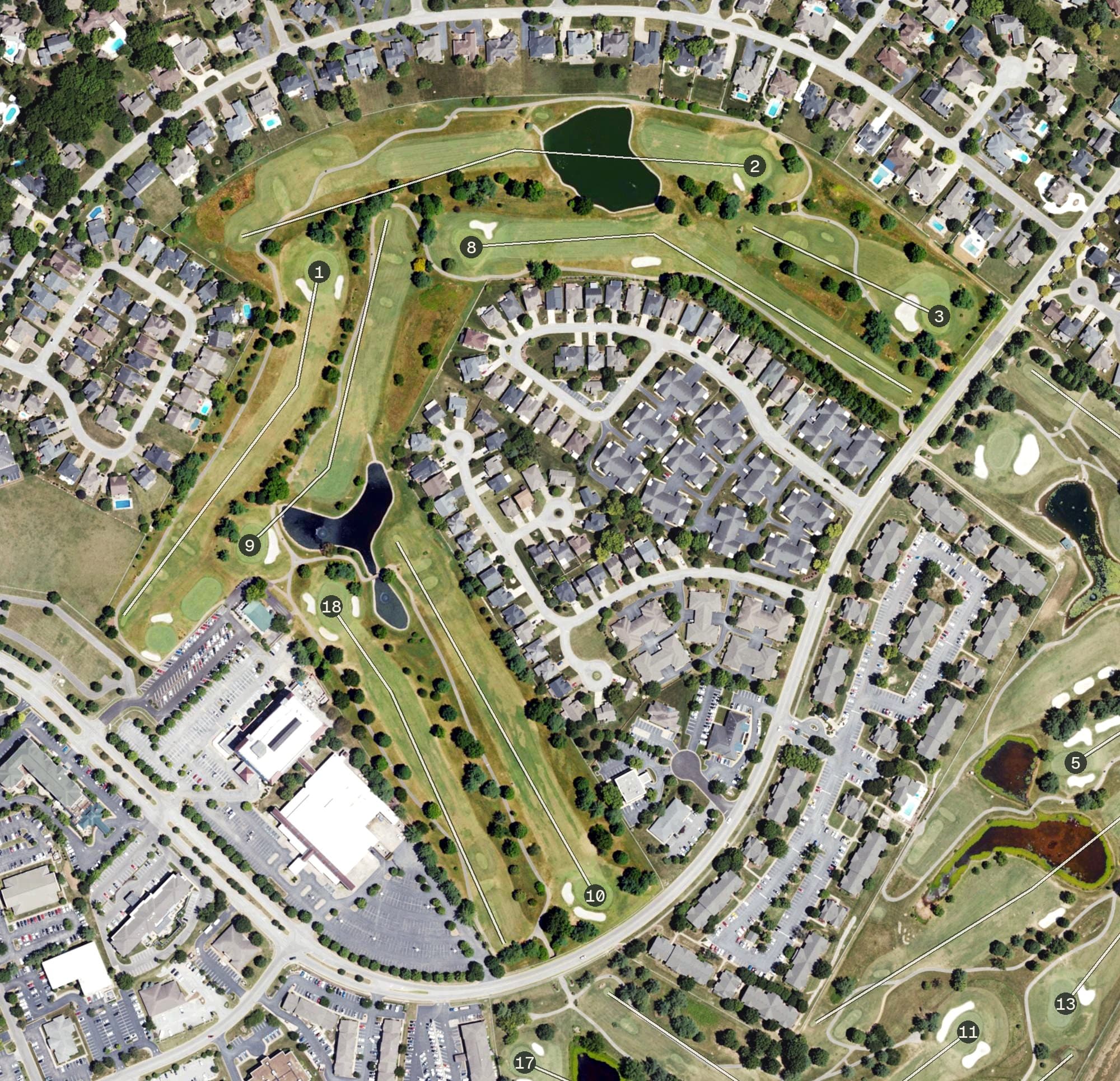 Aerial view of CrossWinds Municipal Golf Course, KY, with its hole routing marked