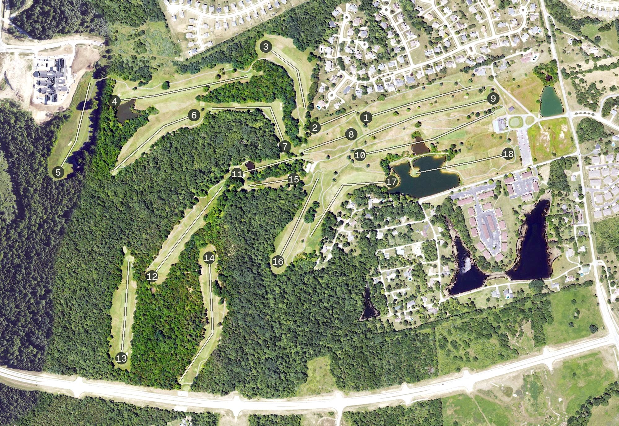 Aerial view of Eagle Creek Golf Course, KY, with its hole routing marked