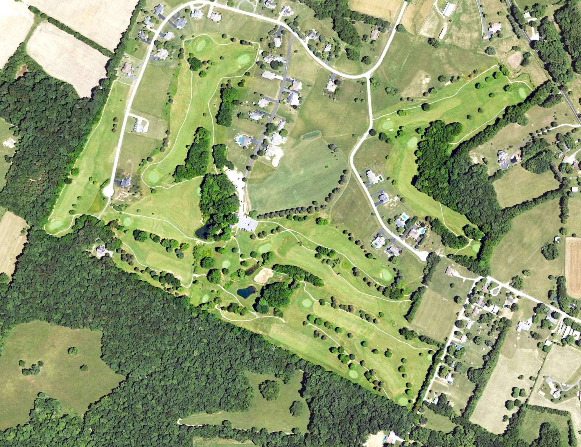 Aerial view of Fox Hollow Golf Club, KY, with its hole routing marked