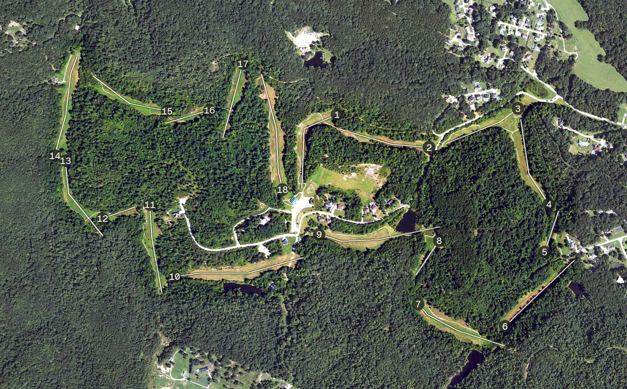 Aerial view of French Oaks Golf Club, KY, with its hole routing marked