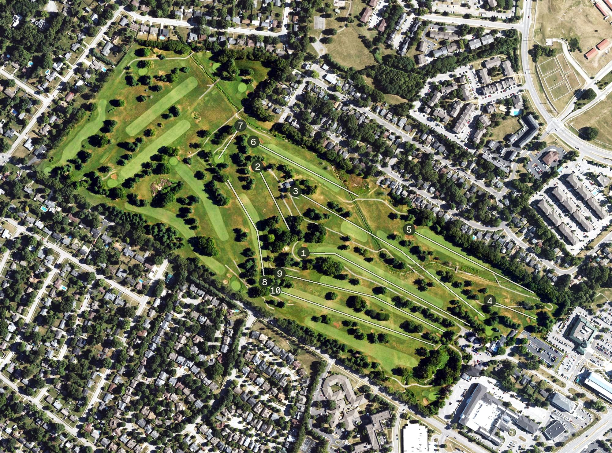 Aerial view of Gay Brewer Jr Golf Course, KY, with its hole routing marked