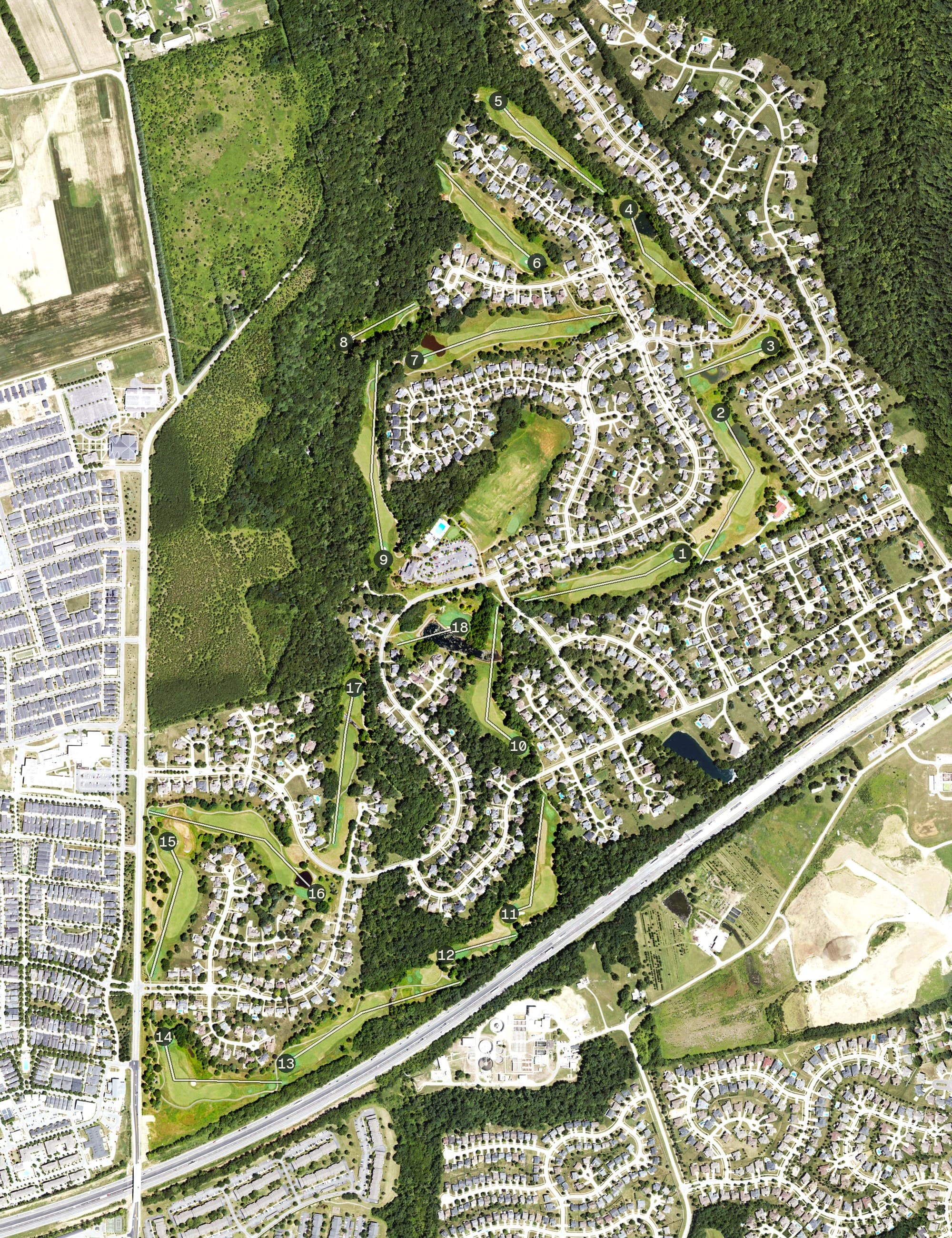 Aerial view of Glen Oaks Country Club, KY, with its hole routing marked