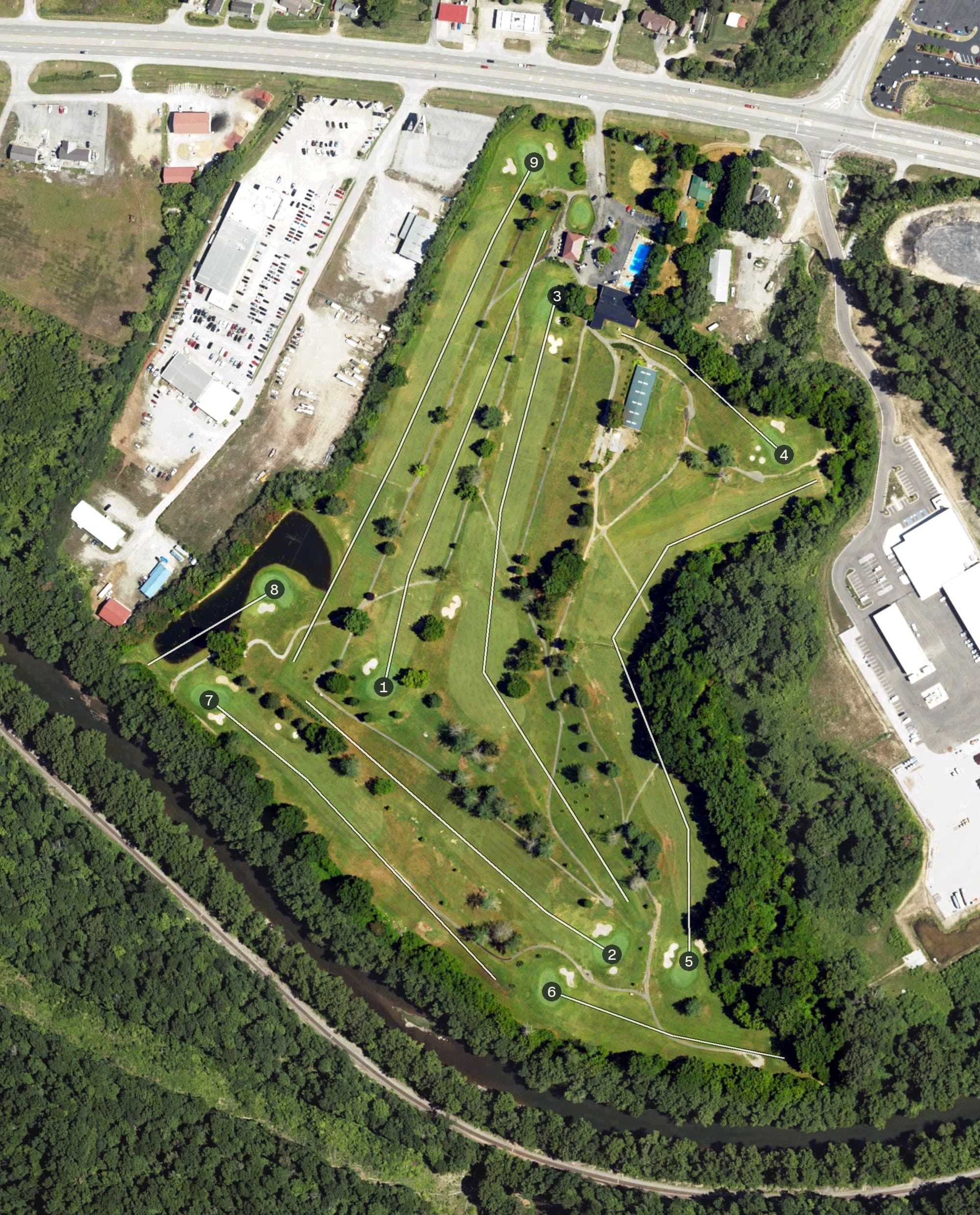 Aerial view of Green Meadow Country Club, KY, with its hole routing marked