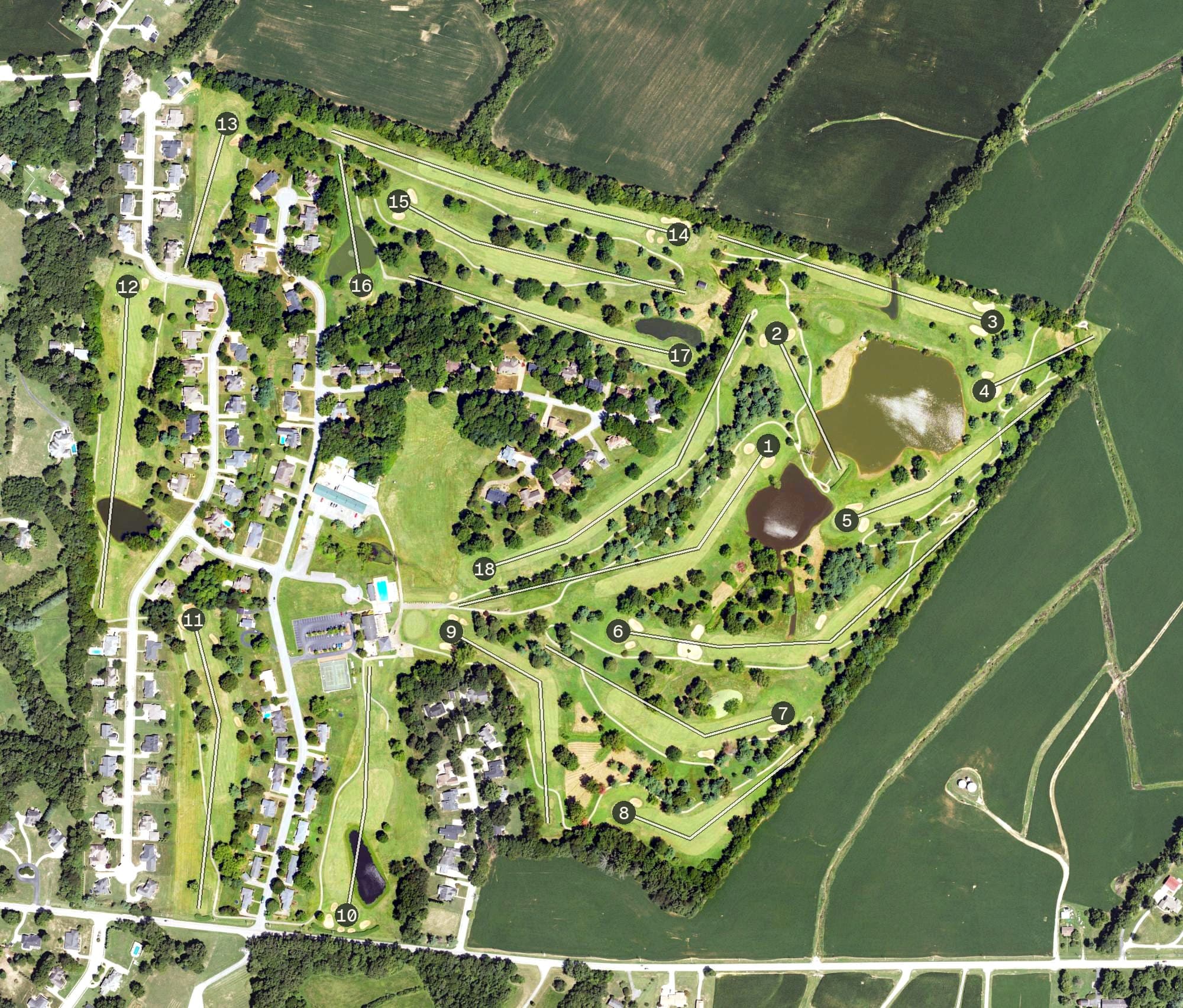 Aerial view of Henderson Country Club, KY, with its hole routing marked