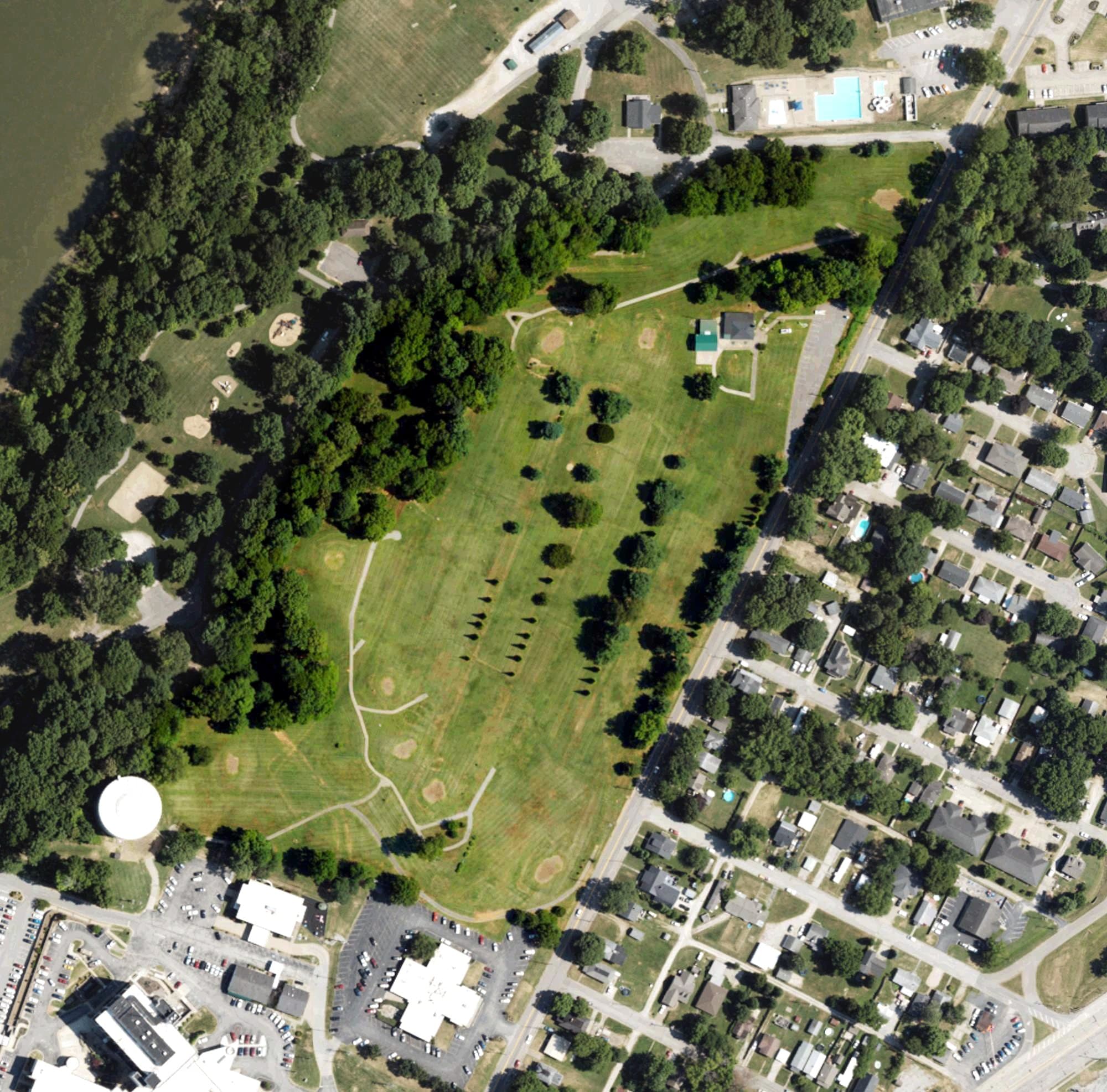 Aerial view of Henderson Municipal Golf Course, KY, with its hole routing marked