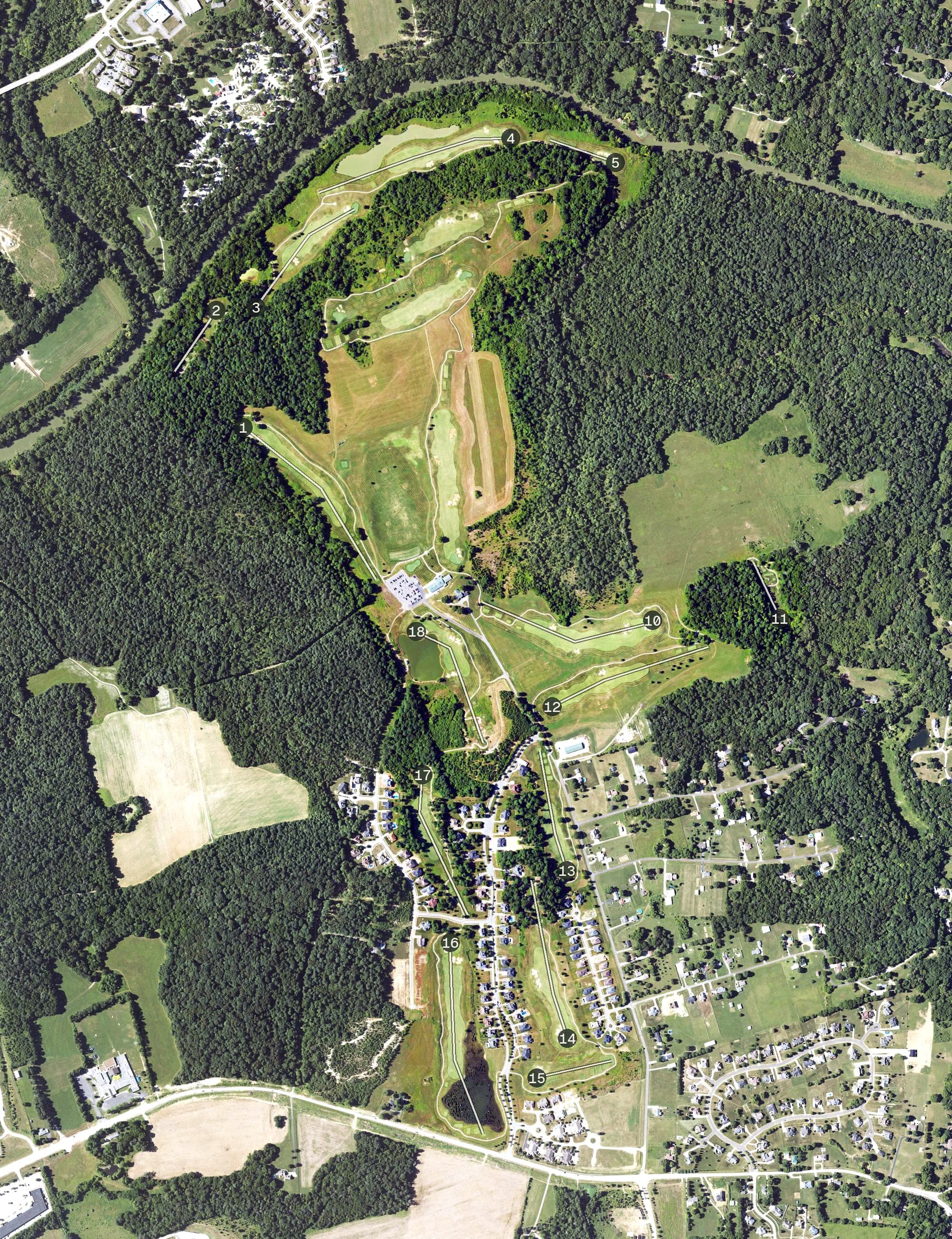 Aerial view of Heritage Hill Golf Course, KY, with its hole routing marked